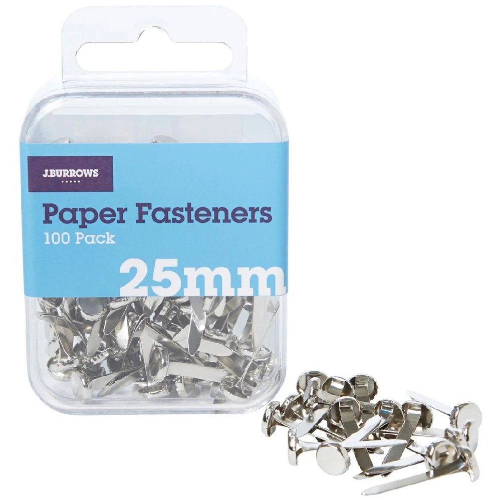 1 J.Burrows 25mm Paper Fasteners Silver 100 Pack, 1 of 3