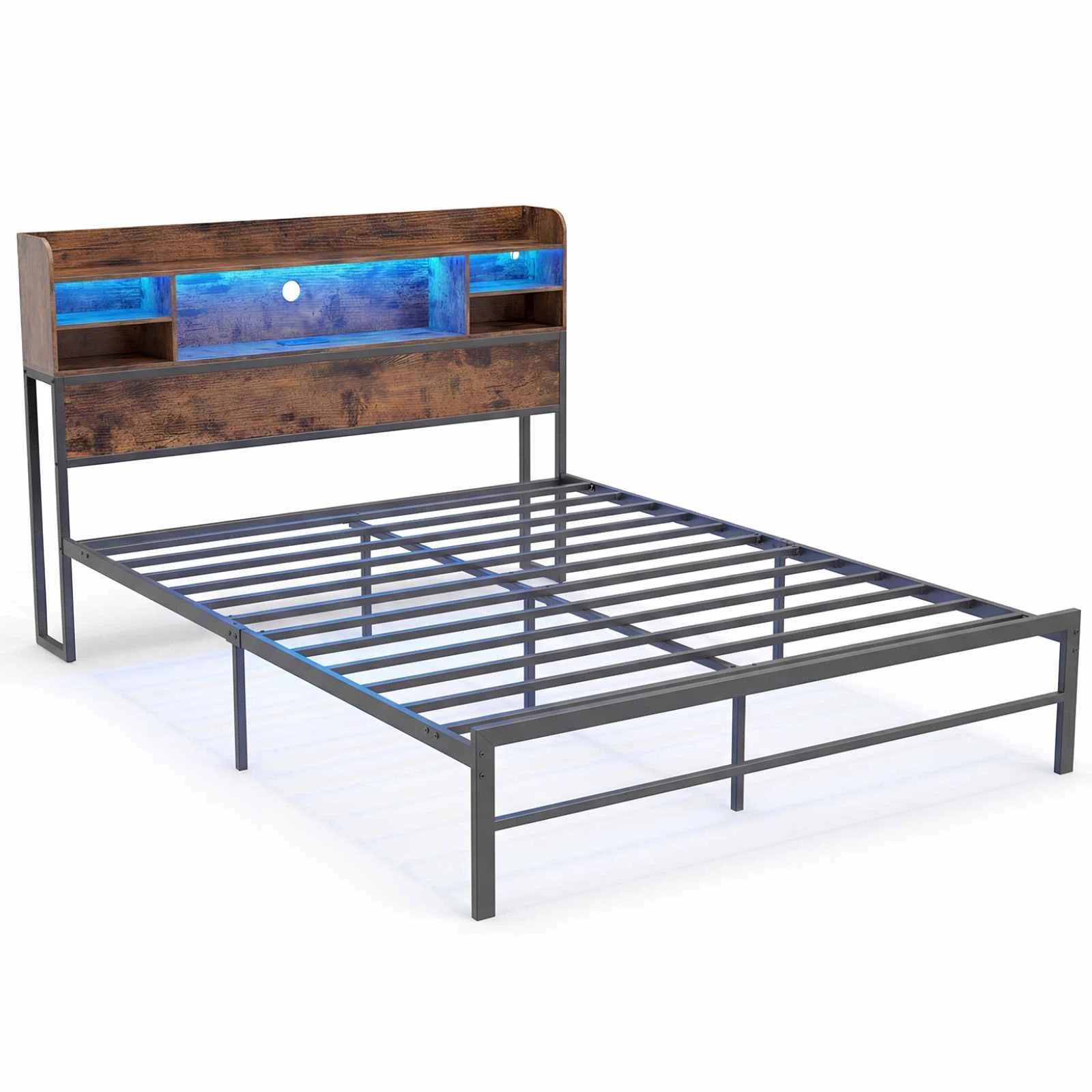 1 Costway Queen Size LED Bed Frame Metal Platform Bed Base w/Charging Ports Storage Shelf, 1 of 1