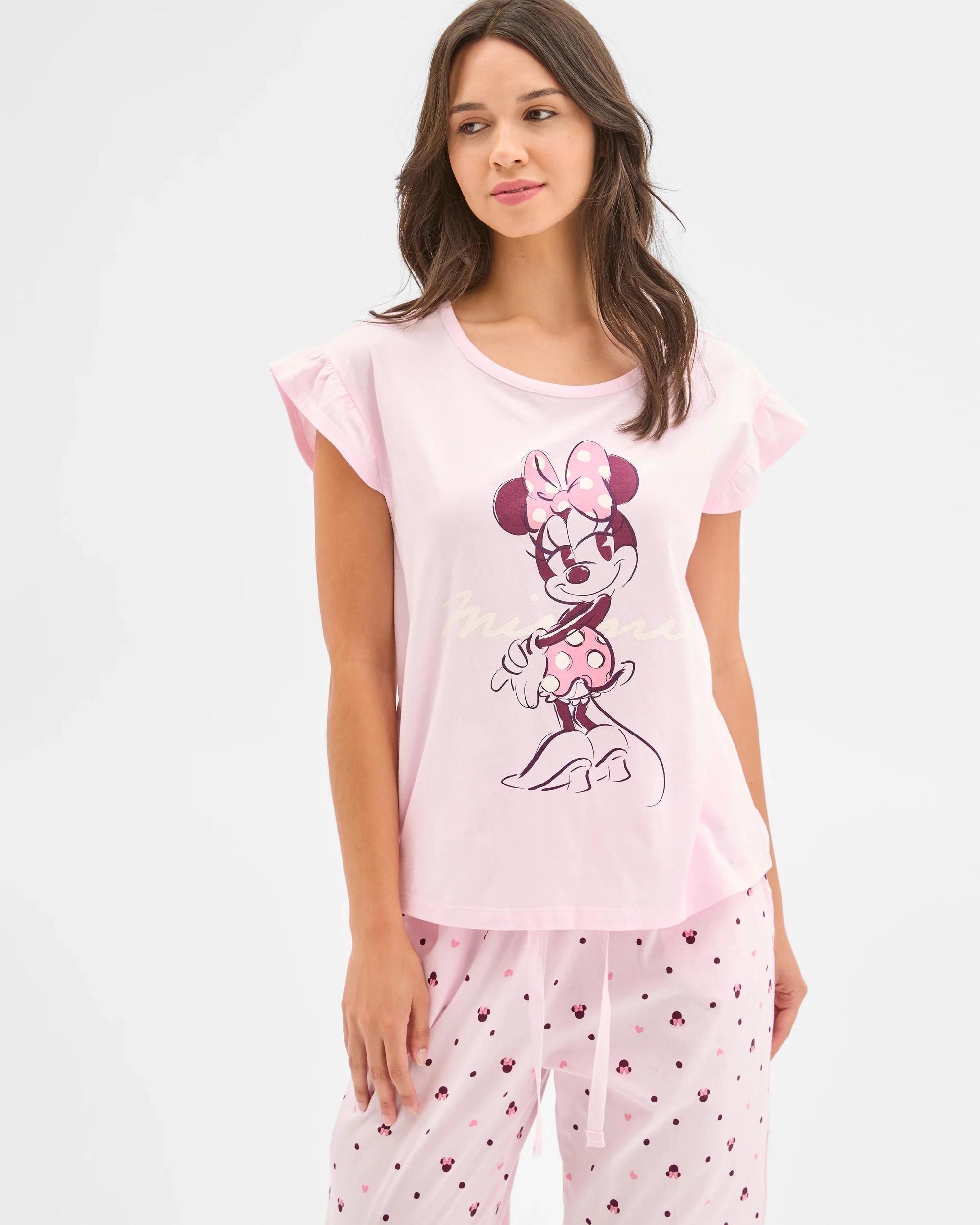 2 Australian Cotton Disney Minnie Mouse Crop Leg Pyjama Set PINK, 2 of 7