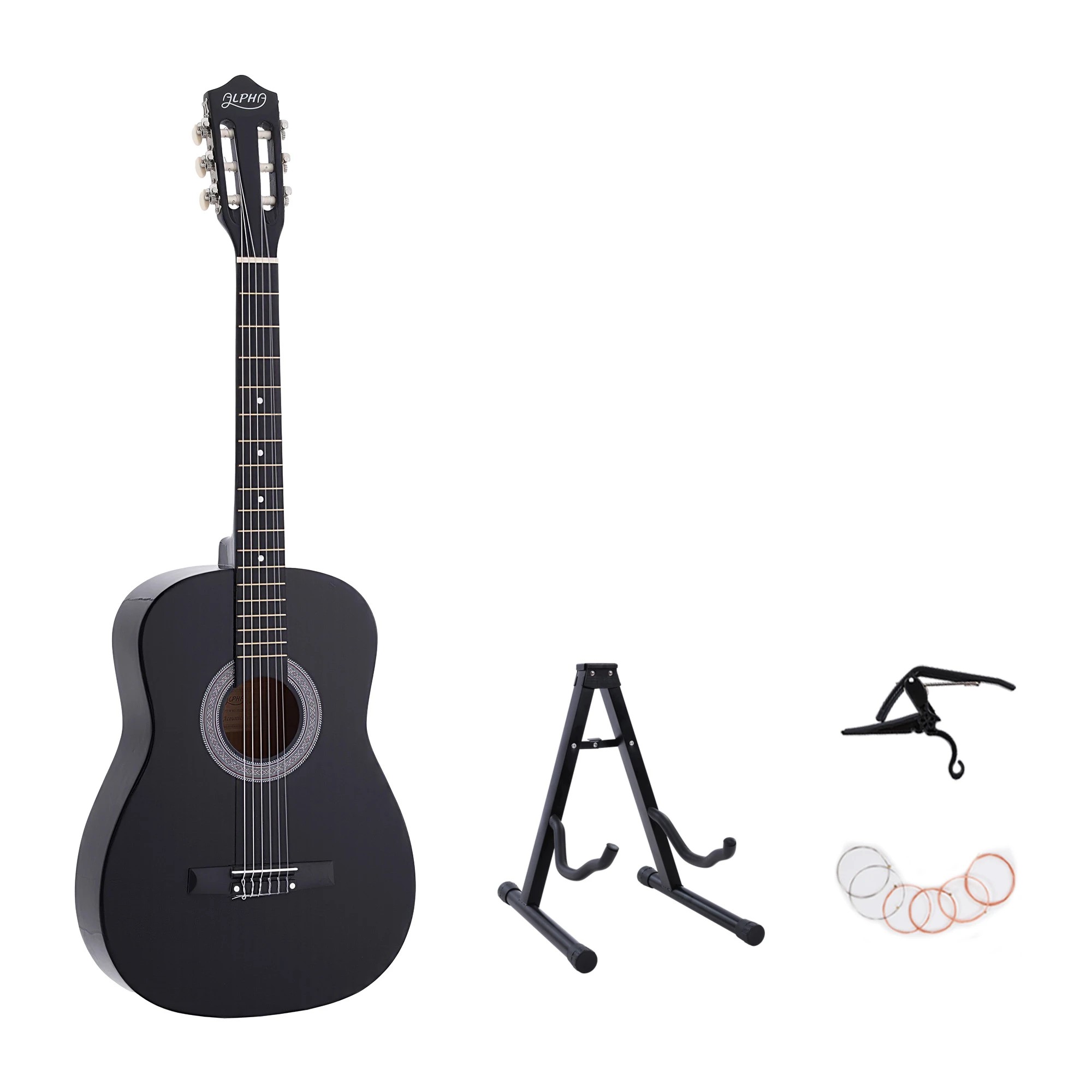 1 Alpha 38 Inch Classical Acoustic Guitar Nylon Strings Non Cutaway Body Folding Stand Capo - Black, 1 of 10