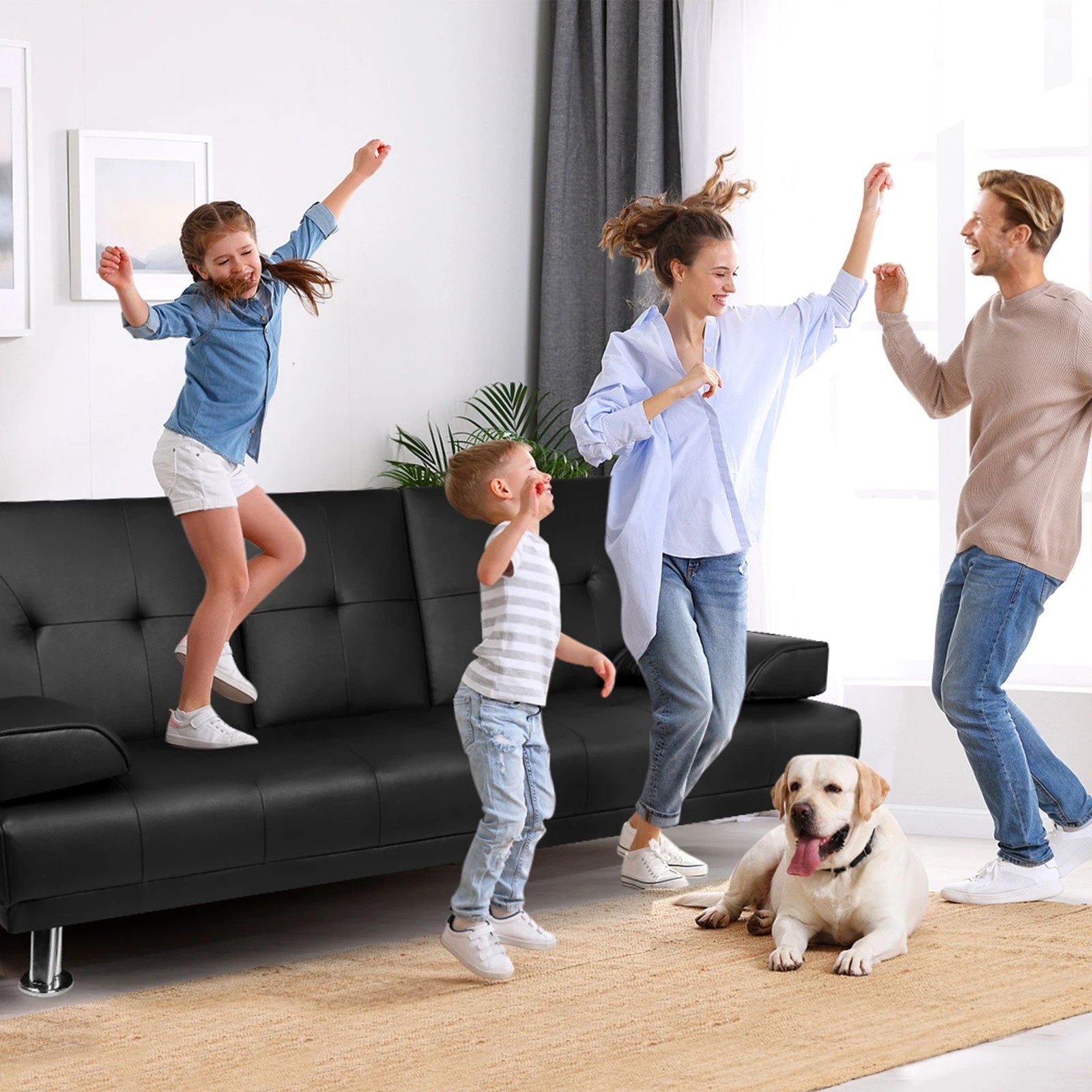 10 Alfordson Sofa Bed Lounge 3 Seater Futon Couch Cup Holder Leather - Black, 10 of 10