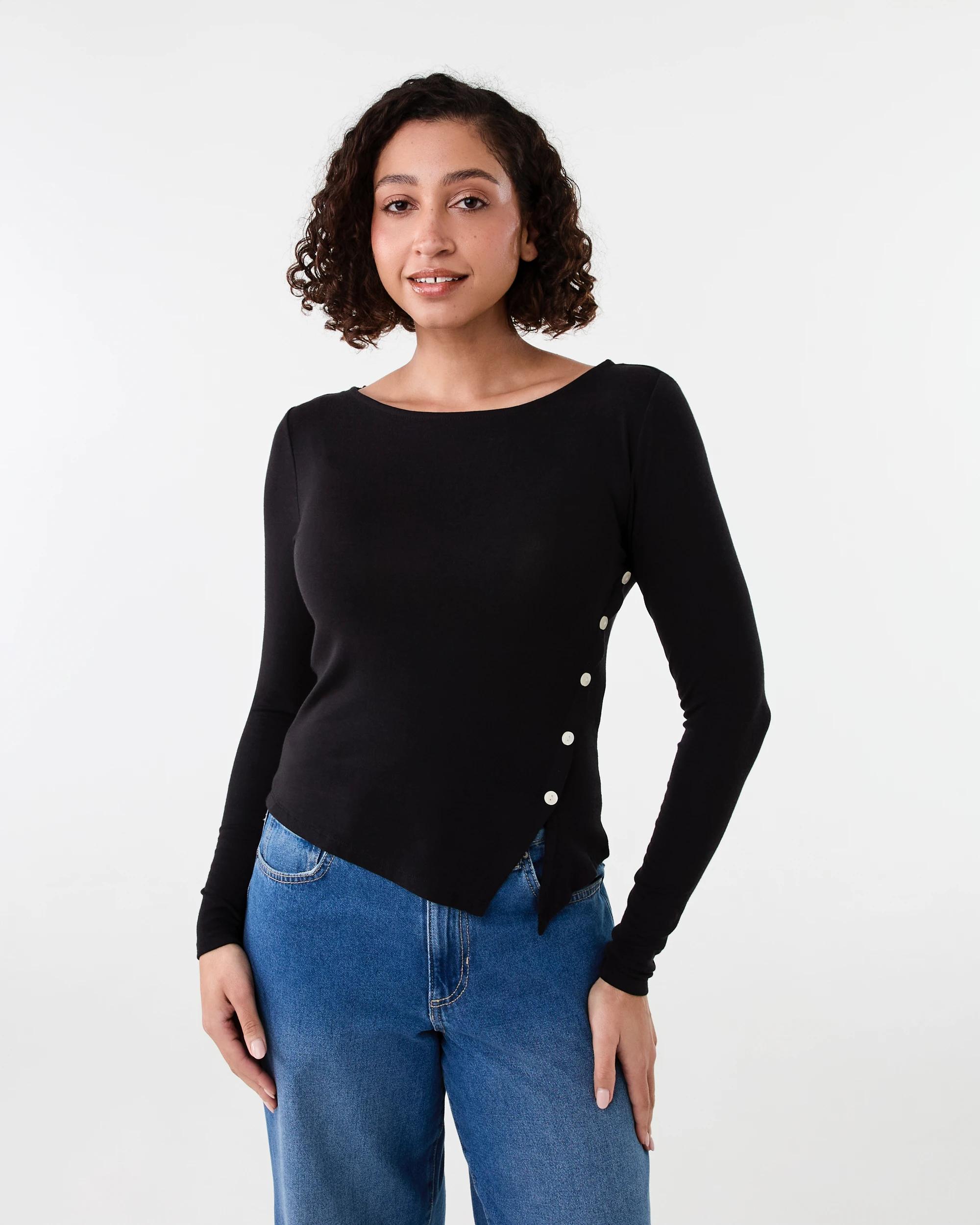 1 Long Sleeve Asymmetric Top Black, 1 of 6