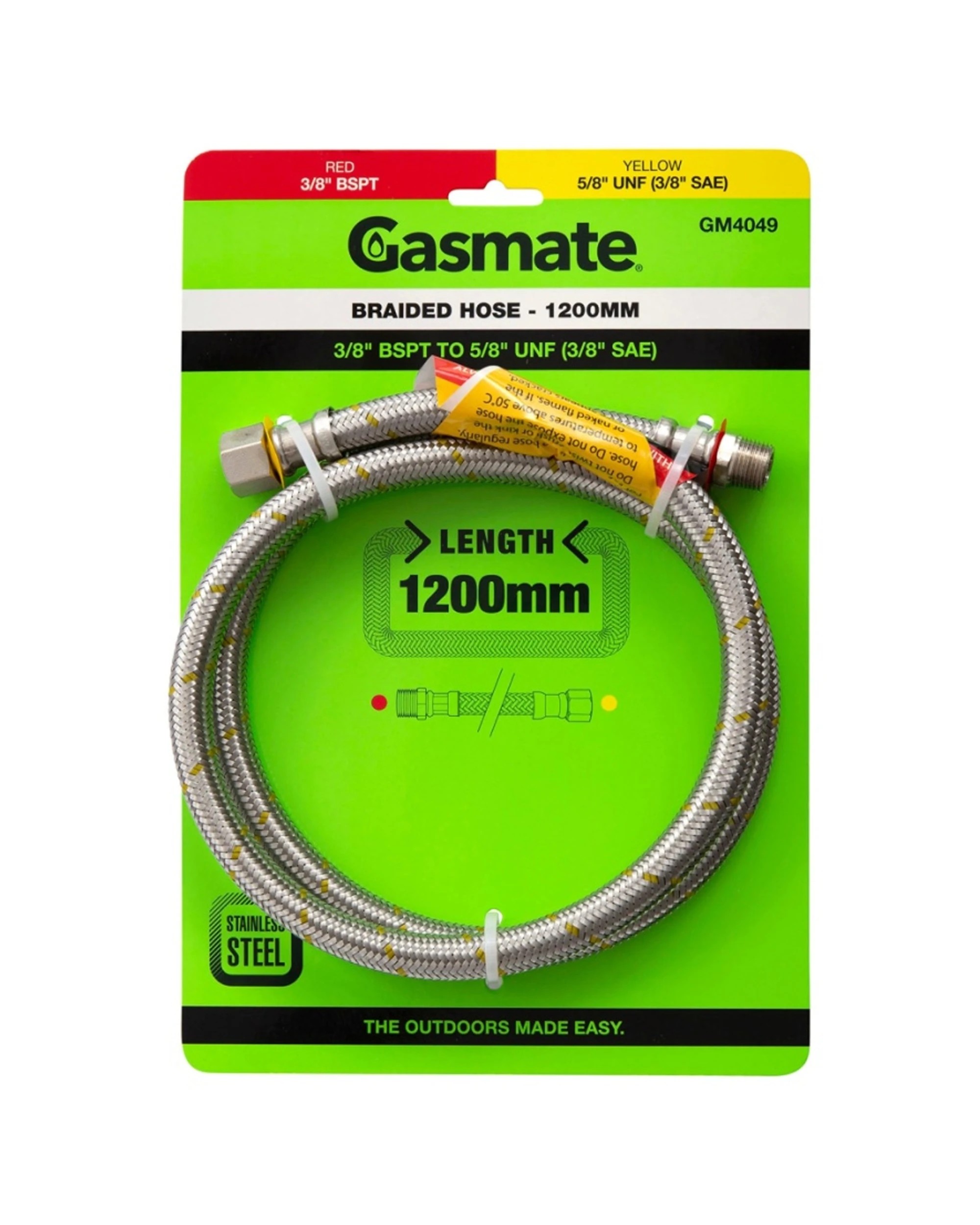 1 Gasmate Braided Hose 1200mm 3/8 BSPT To 5/8 UNF 3/8 SAE Connector - Silver, 1 of 3