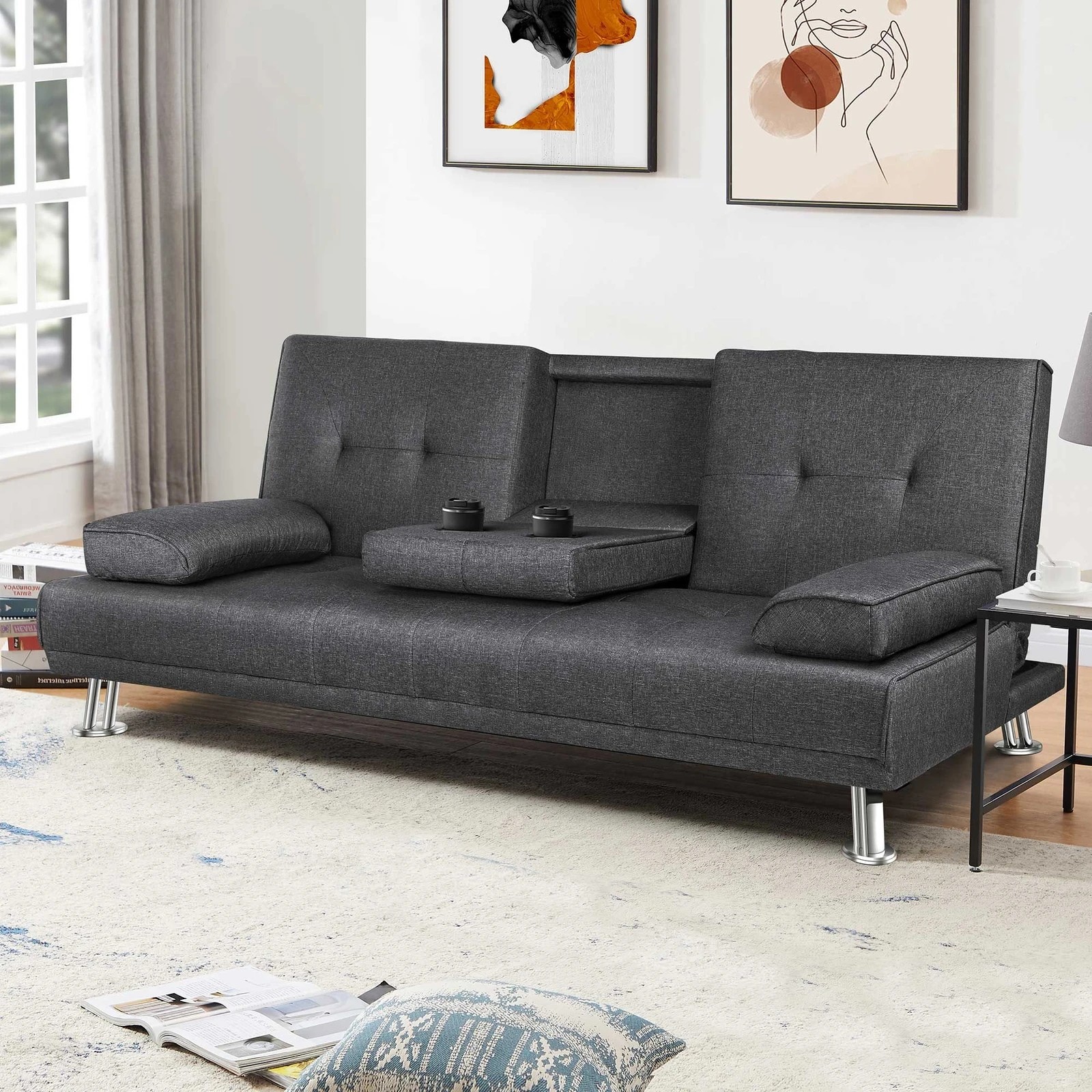 2 Alfordson Sofa Bed Lounge 3 Seater Futon Couch Beds Cup Holder Fabric - Grey, 2 of 10