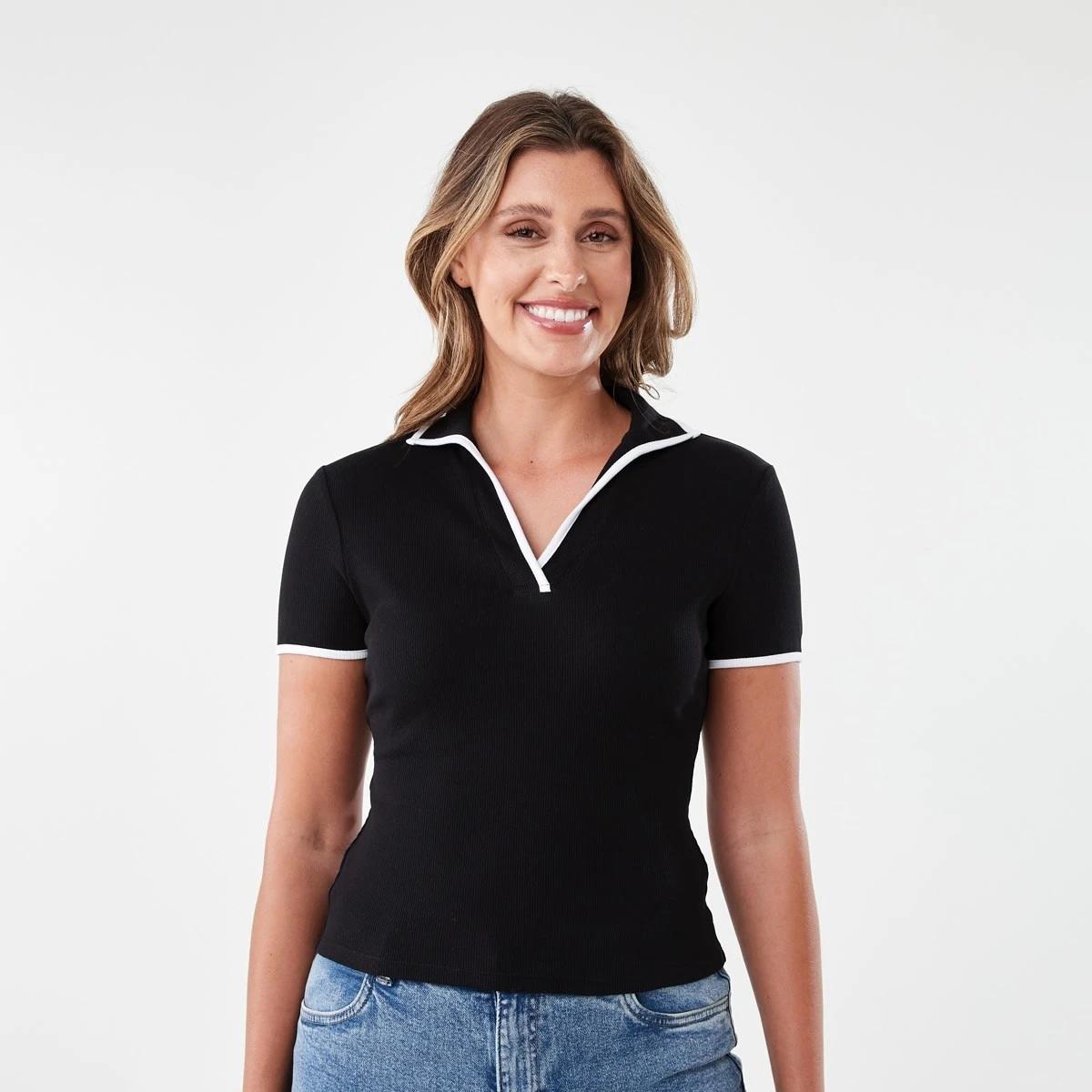 1 Short Sleeve Rib Contrast Polo Top Blk Wht, 1 of 6