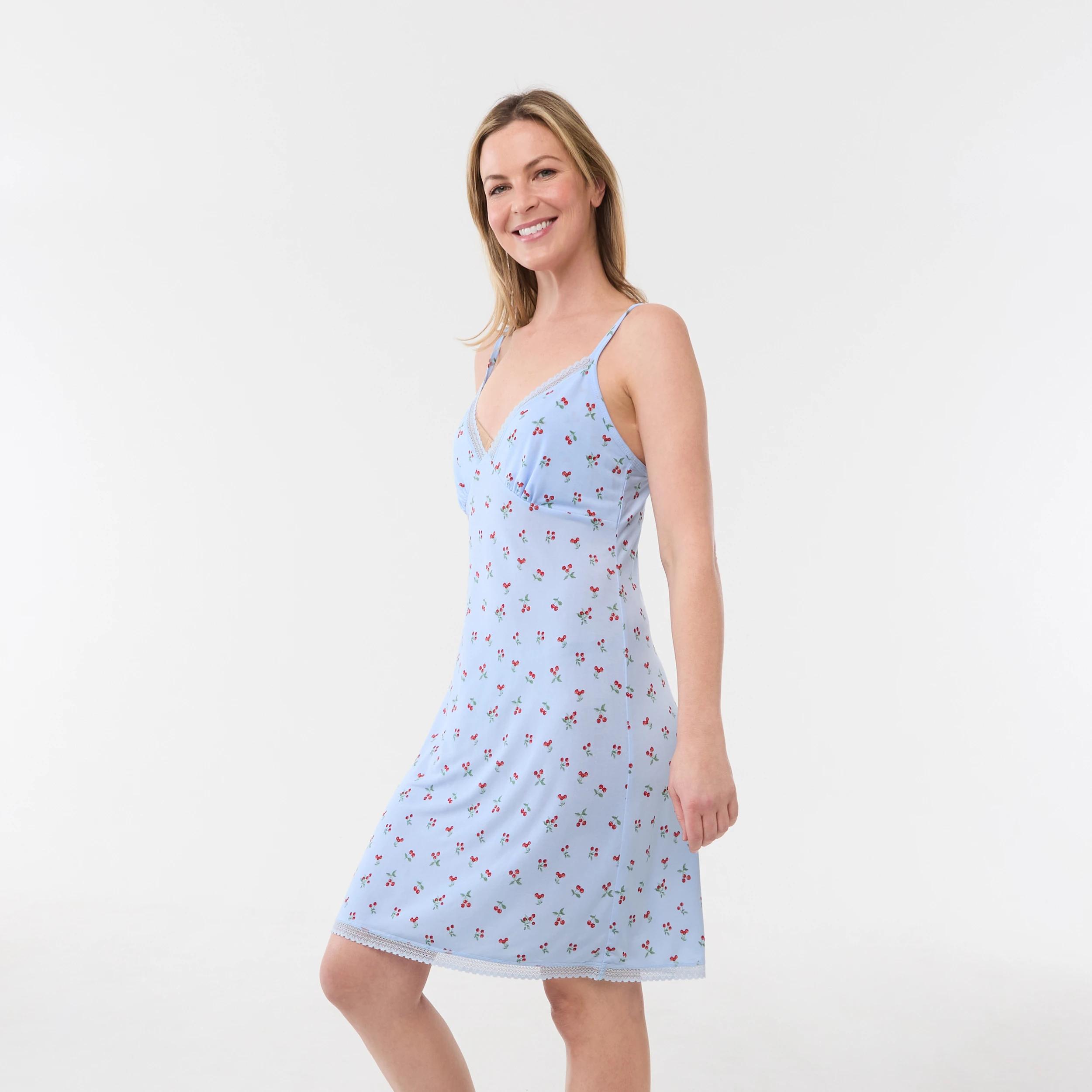 2 Printed Lace Trim Chemise CHERRIES WINDY BLUE, 2 of 5
