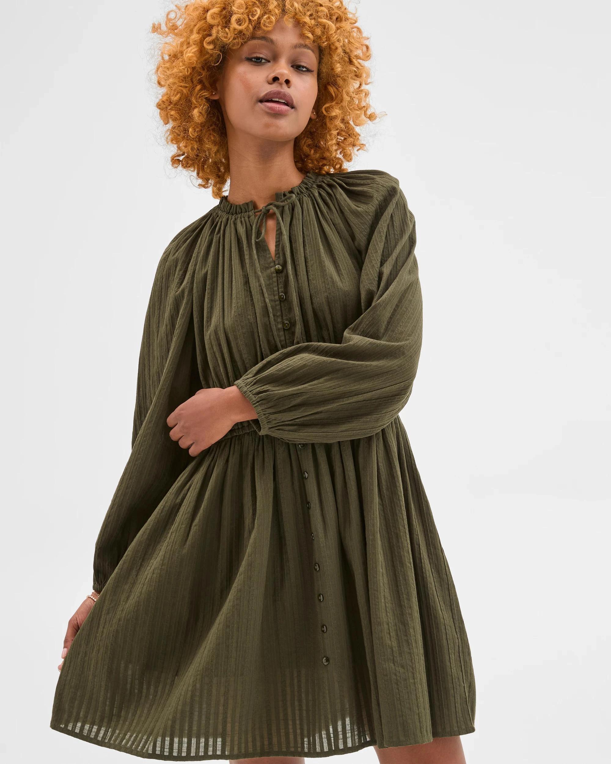 1 Target Petites Long Sleeve Textured Mini Dress DUSTY OLIVE, 1 of 5