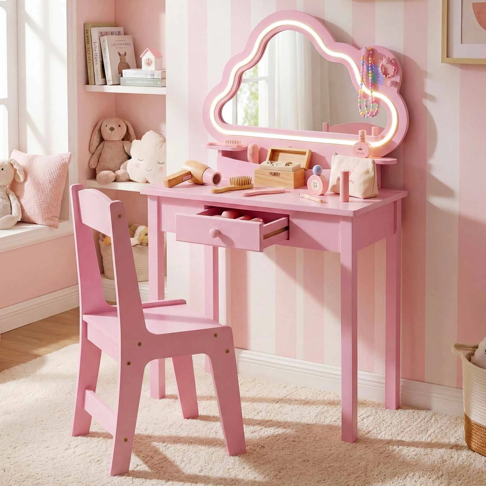2 Costway Vanity Set Lighted Cloud Mirror 2-in-1 Princess Makeup Dressing Table Chair - Pink, 2 of 3