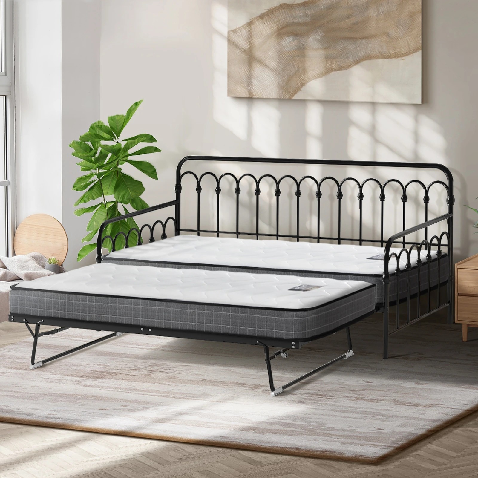 4 Oikiture Trundle Bed Frame Daybed Single Size Metal Base with Mattress x2 - Black, 4 of 10