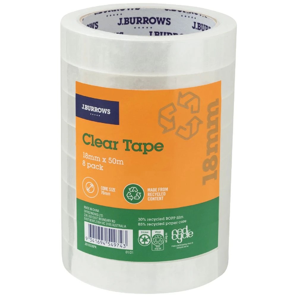 1 J.Burrows Clear Tape Roll 18mmX50m 8 Pack, 1 of 2