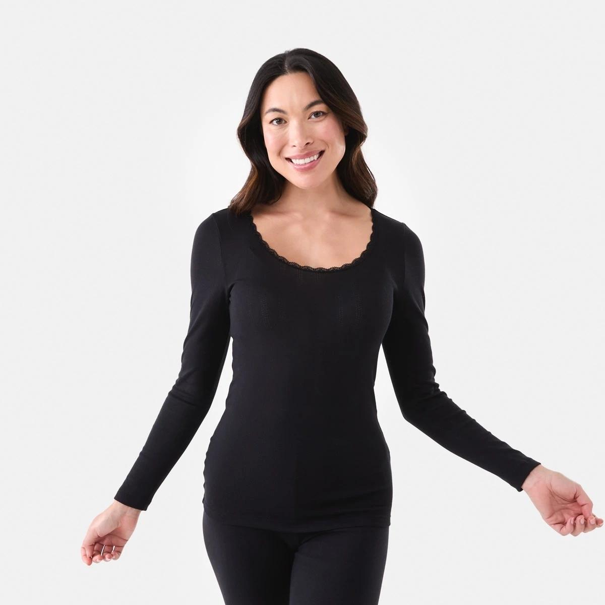 1 Pointelle Long Sleeve Top Black, 1 of 6