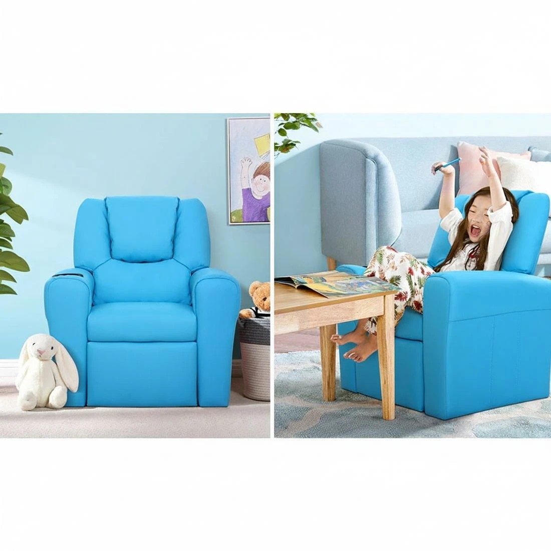 3 Keezi Kids Recliner Chair  PU Leather Sofa Lounge Couch Children Armchair - Blue, 3 of 7