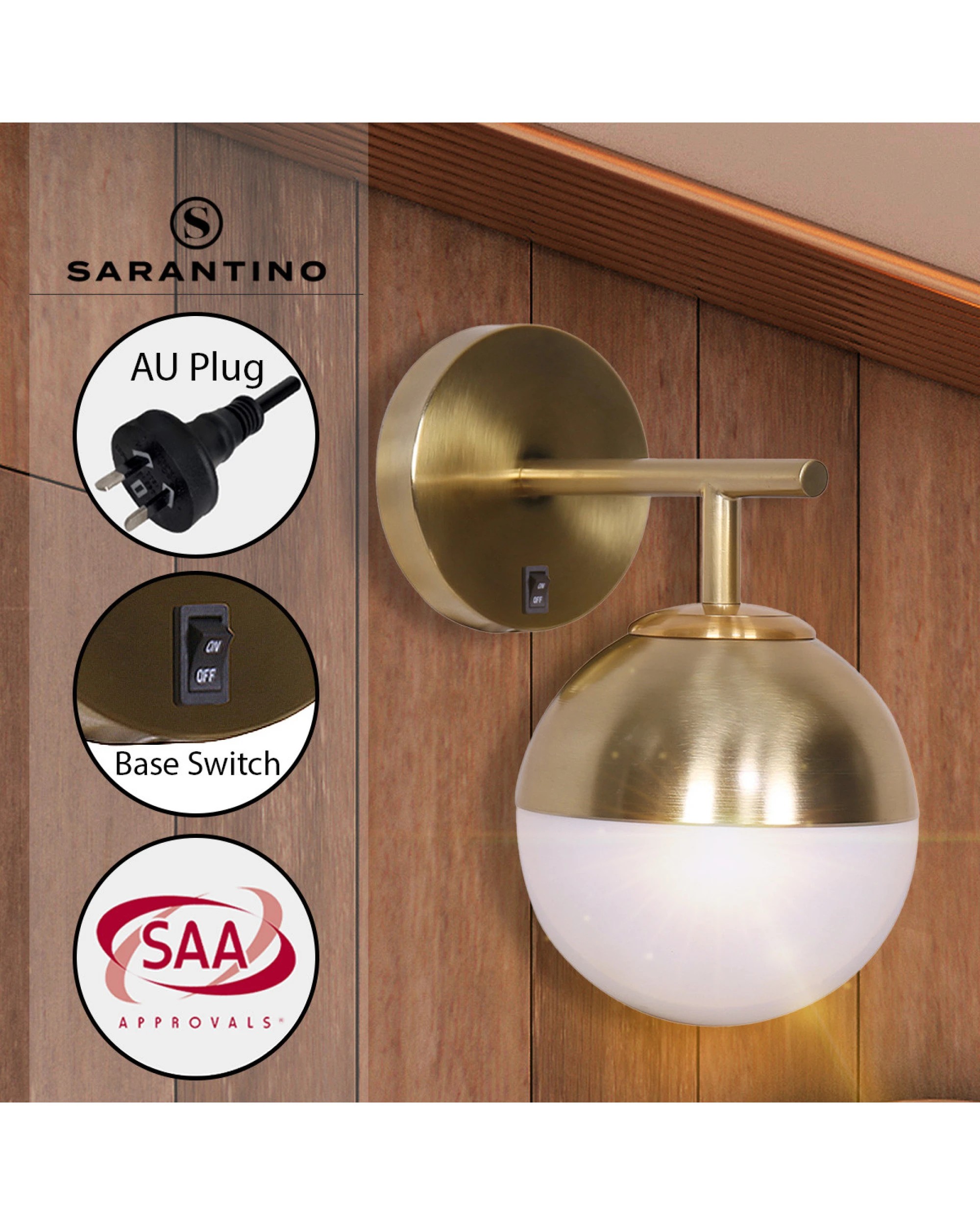 9 Sarantino Wall Lamp With Gold Metal Base And White Glass Shade, 9 of 10