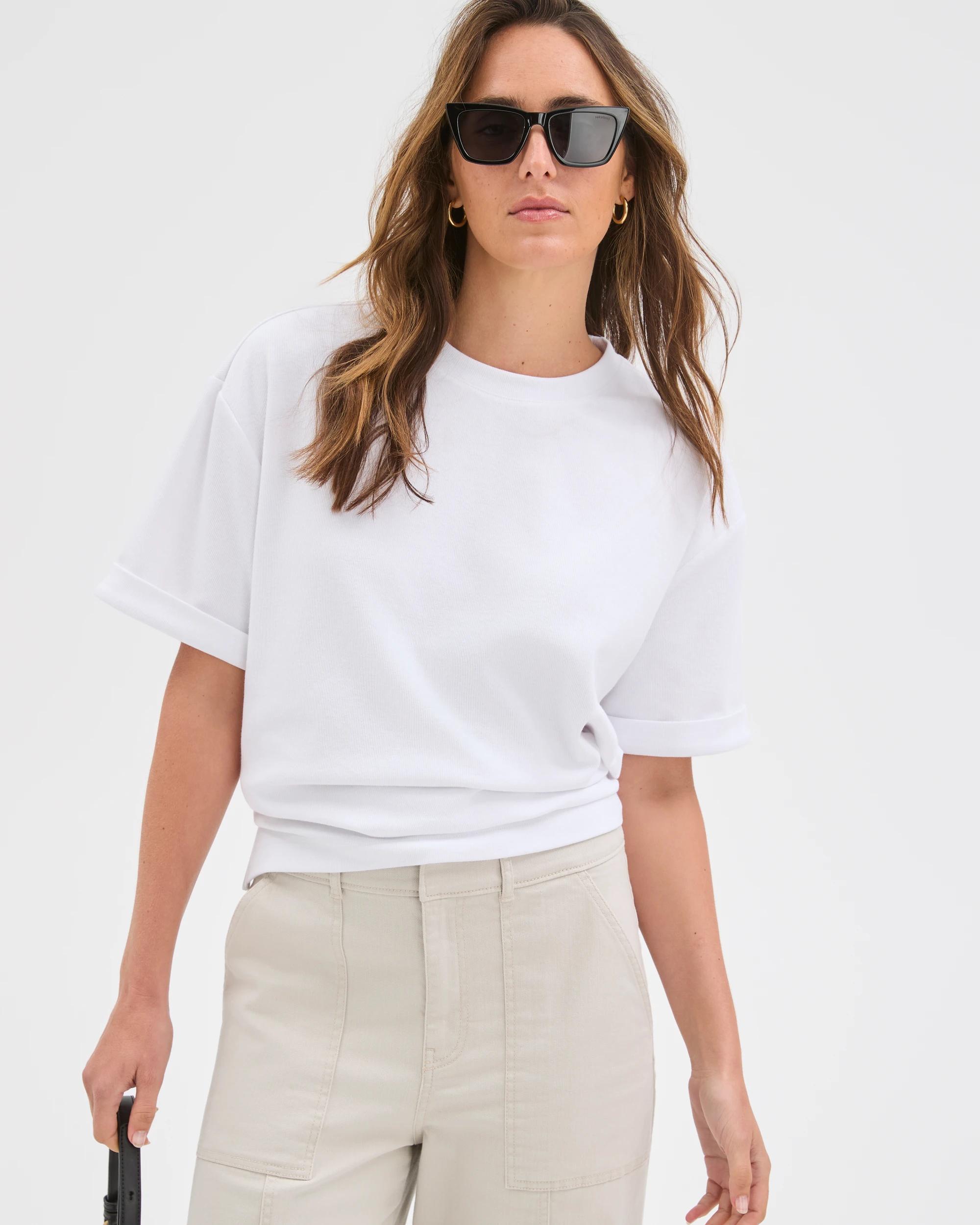 1 Target Woman Turnback Cuff Boxy Rib T-Shirt WHITE, 1 of 6