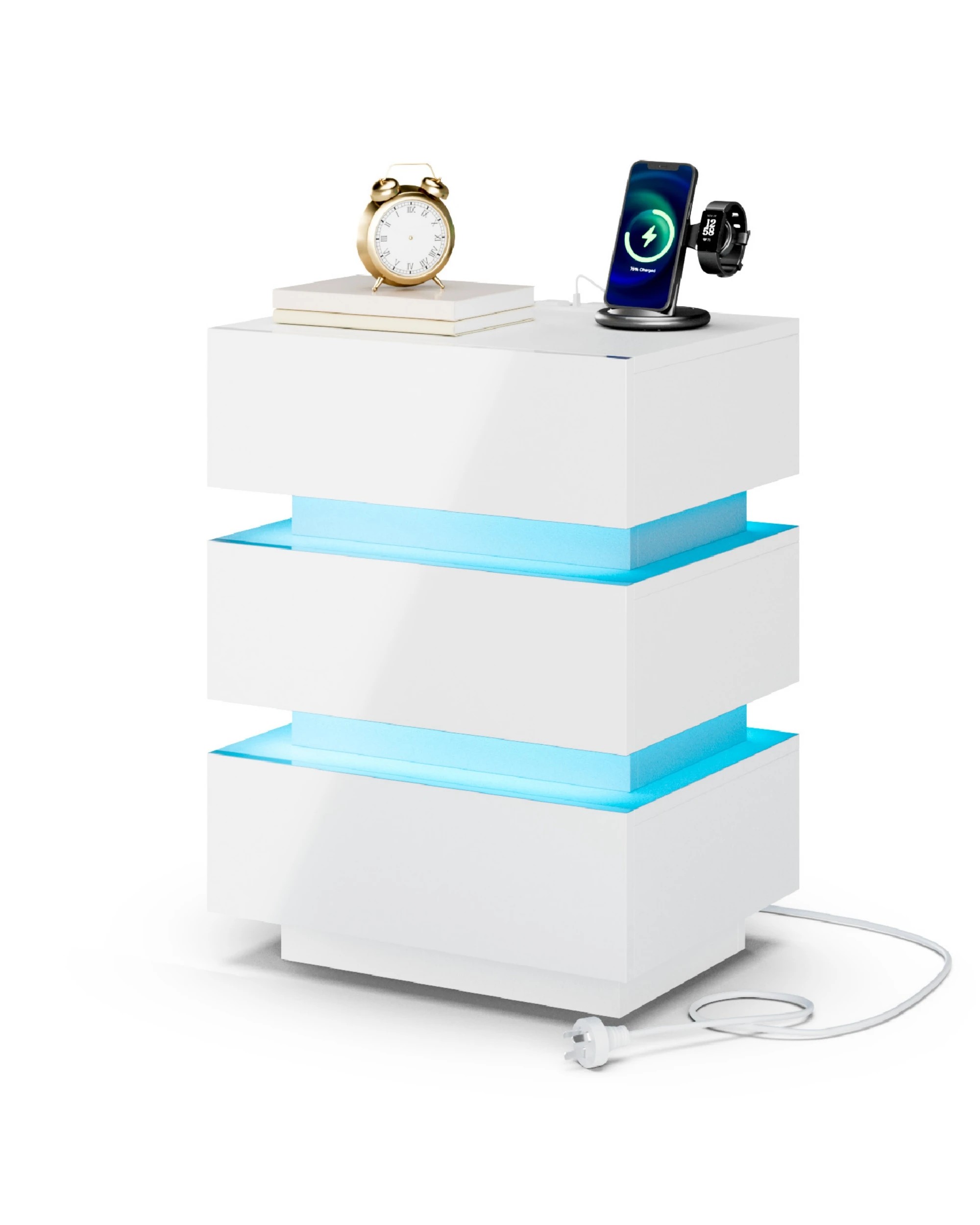 8 Advwin 2x Bedside Table 3 Drawers With with Charging Station & LED Light - White, 8 of 8
