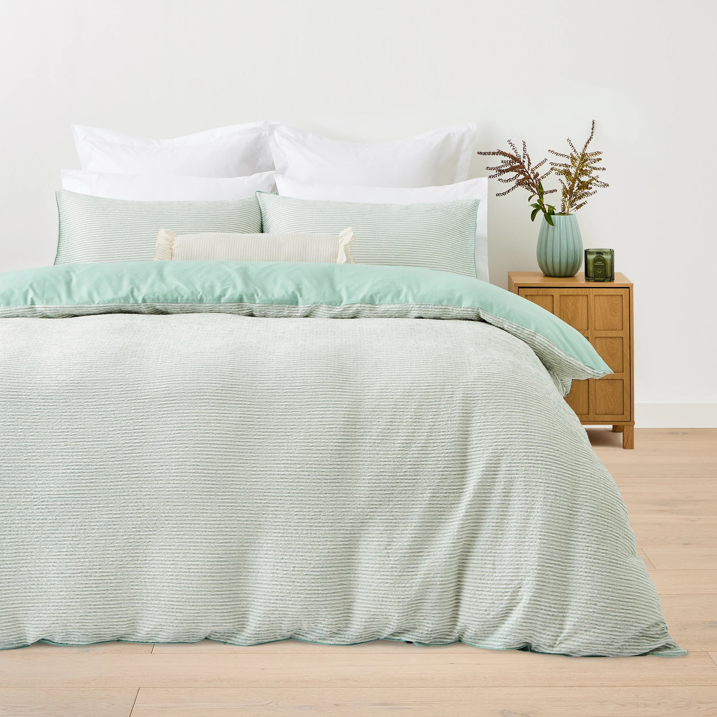 1 Stripe Seersucker Quilt Cover Set - Queen Bed, Sage, 1 of 7
