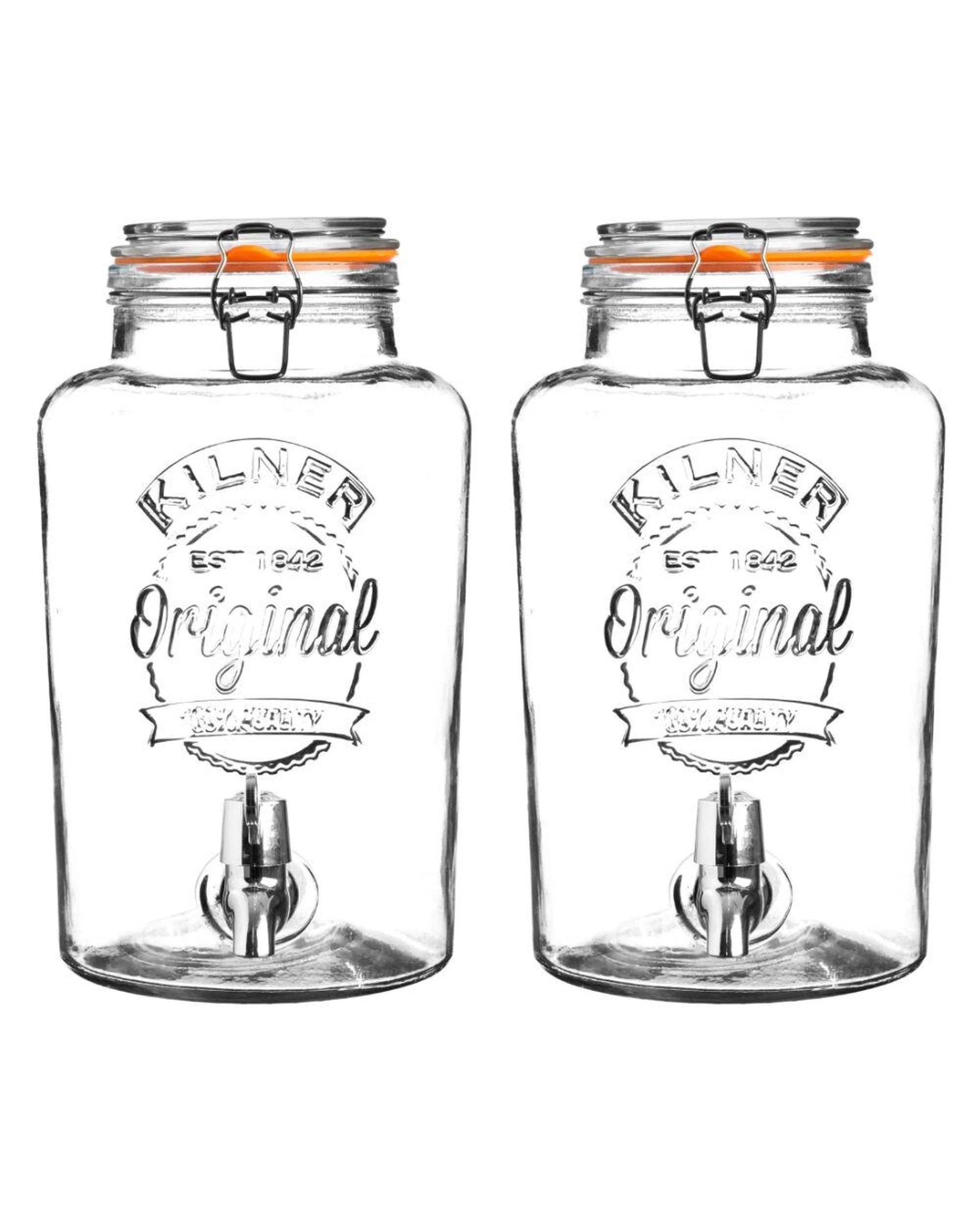 1 Kilner Round Clip Top Drink Dispenser with Stainless Steel Tap 5L  Set of 2 - Clear, 1 of 2