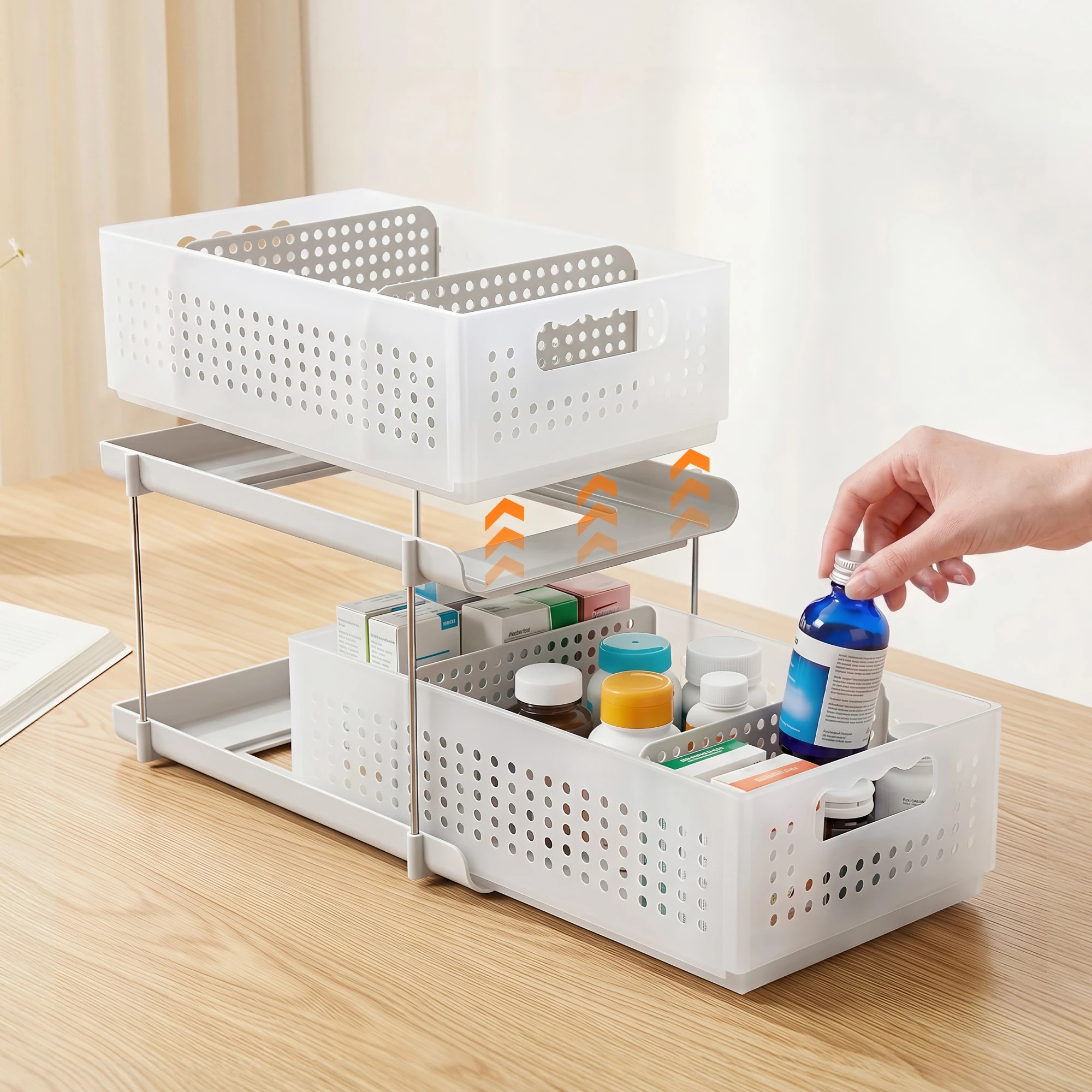 4 Artiss Under Sink Organizer 2 Tier Pull Out Drawer with Removable Baskets & Divider - White, 4 of 7