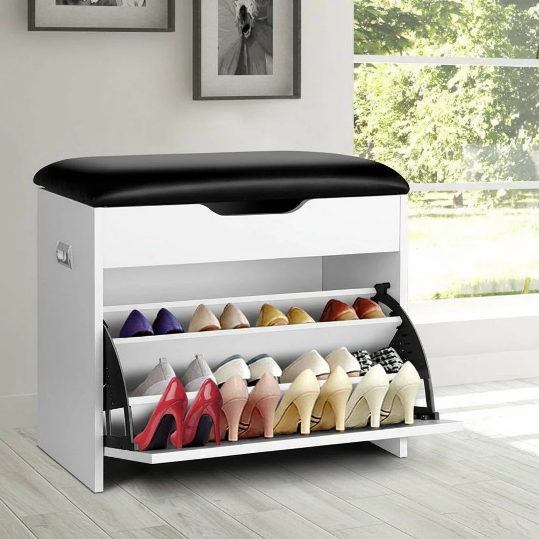 10 Artiss Shoe Rack Cabinet Bench 3-Tier 15 Pairs Entryway Storage Organizer Seat Easy Clean Sturdy Modern - White, 10 of 10