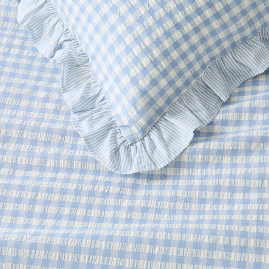 6 Gingham Ruffle Reversible Cotton Quilt Cover Set - King Bed, Blue, 6 of 8