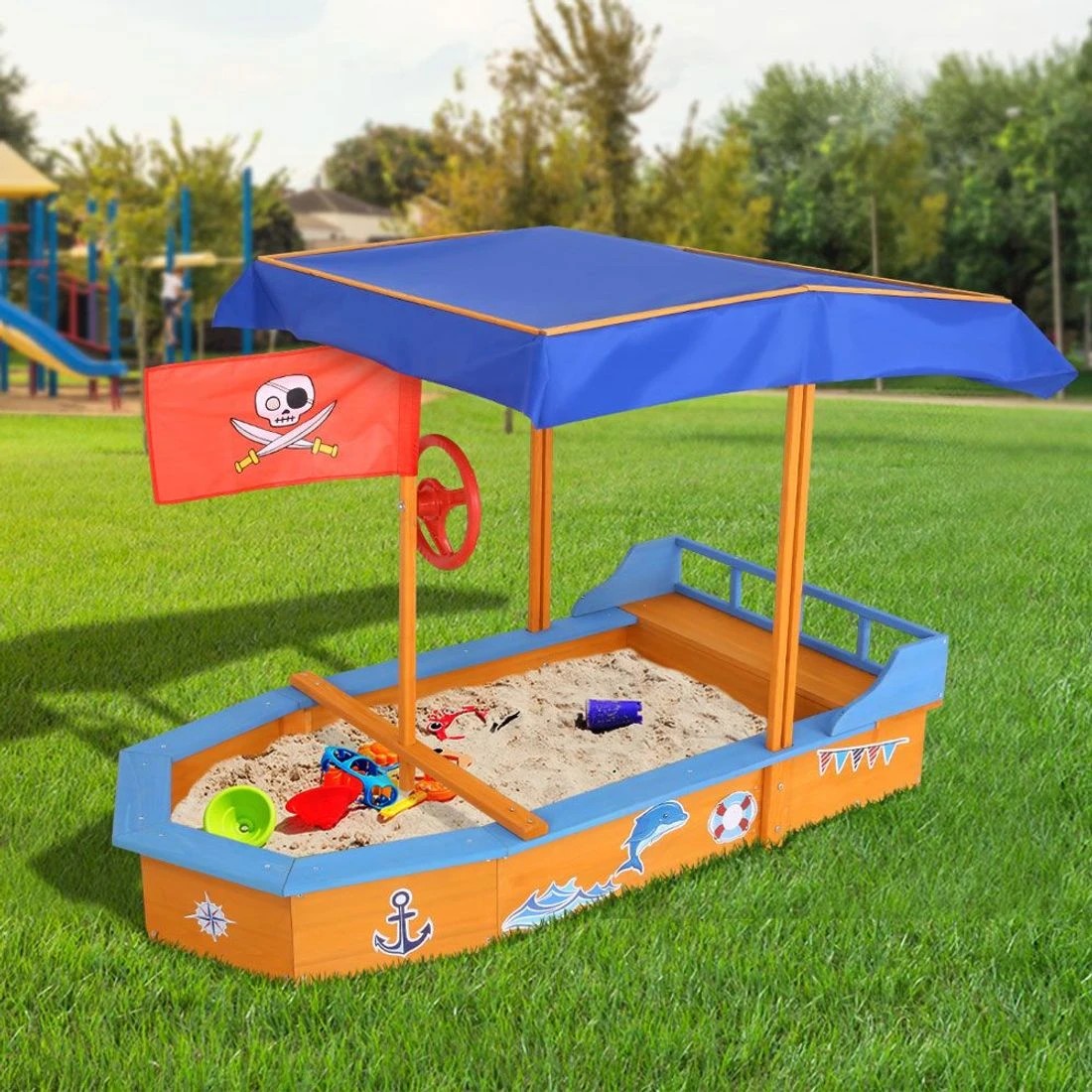 1 Keezi Kids Sandpit Wooden Boat Sand Pit with Canopy Bench Seat Beach Toys 150cm - Multi, 1 of 6
