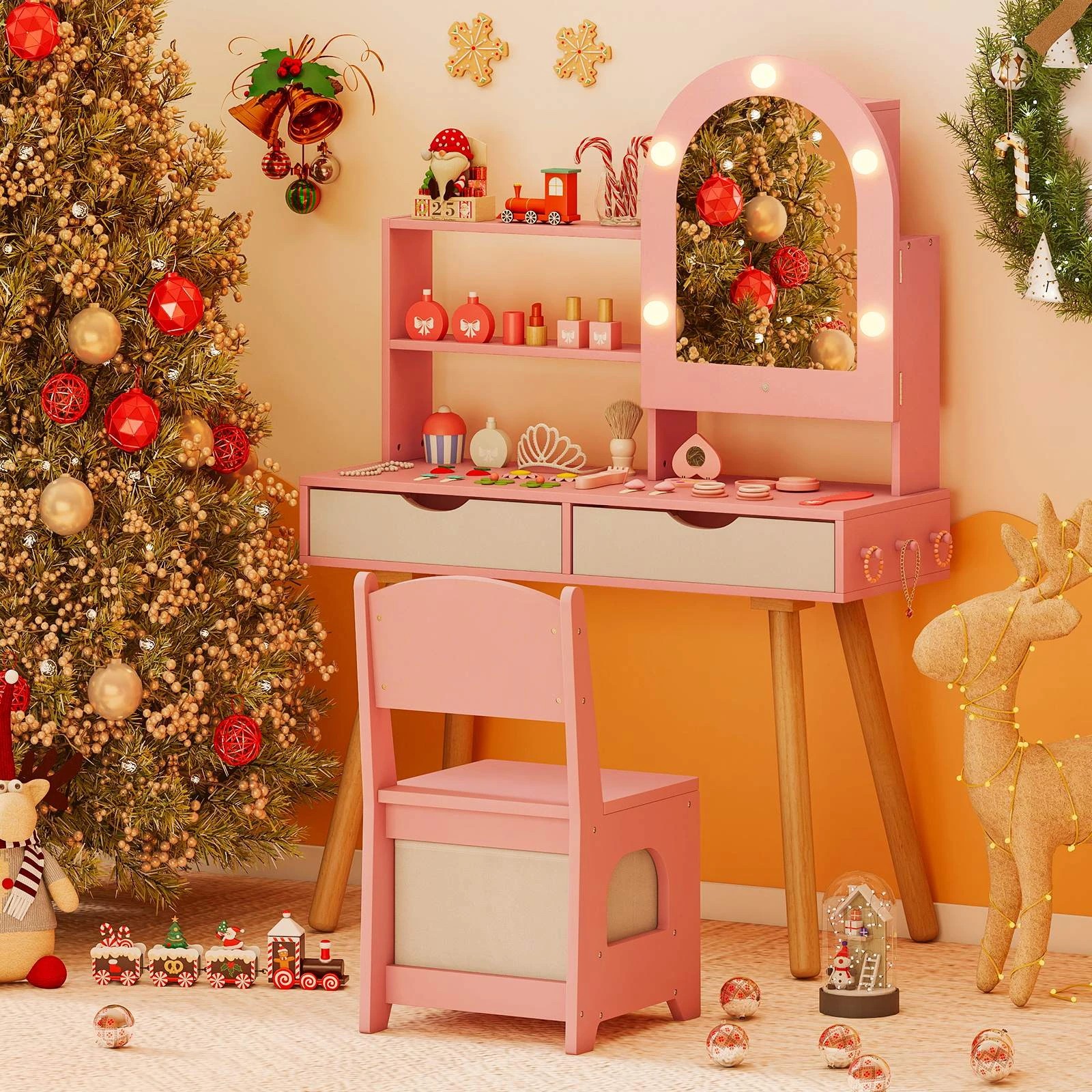 1 Costway Pretend Play Dressing Table Set Princess Makeup Desk - Pink, 1 of 2