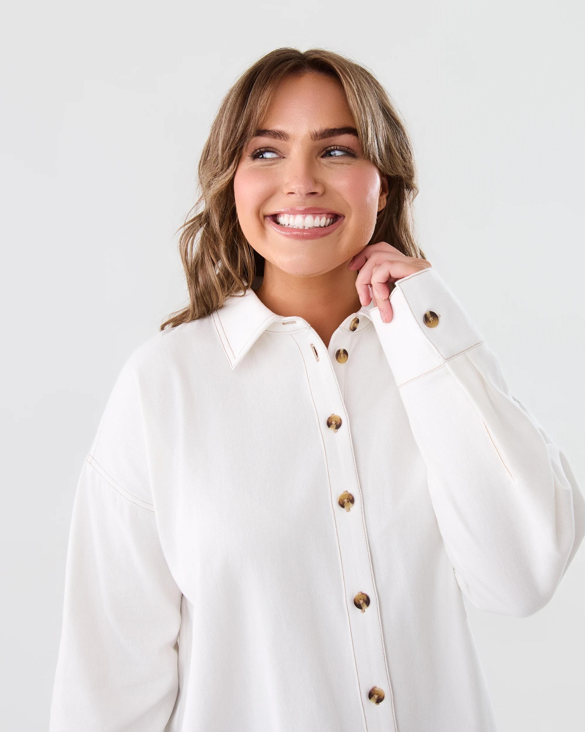 4 Long Sleeve Oversized Denim Shirt Ecru, 4 of 7