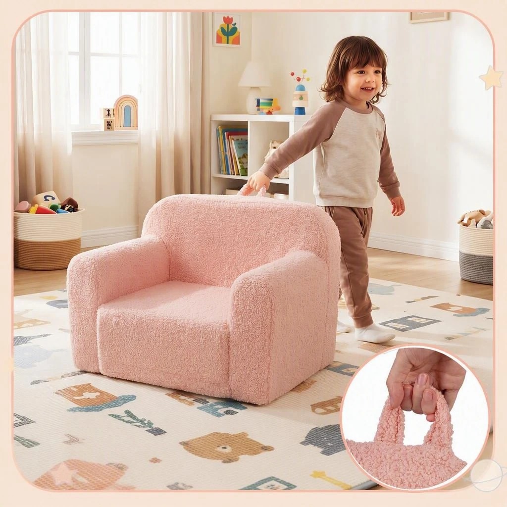 4 Costway Foam Couch Teddy Fleece Fabric Sofa Cute Reading Chair w/Handle - Pink, 4 of 8