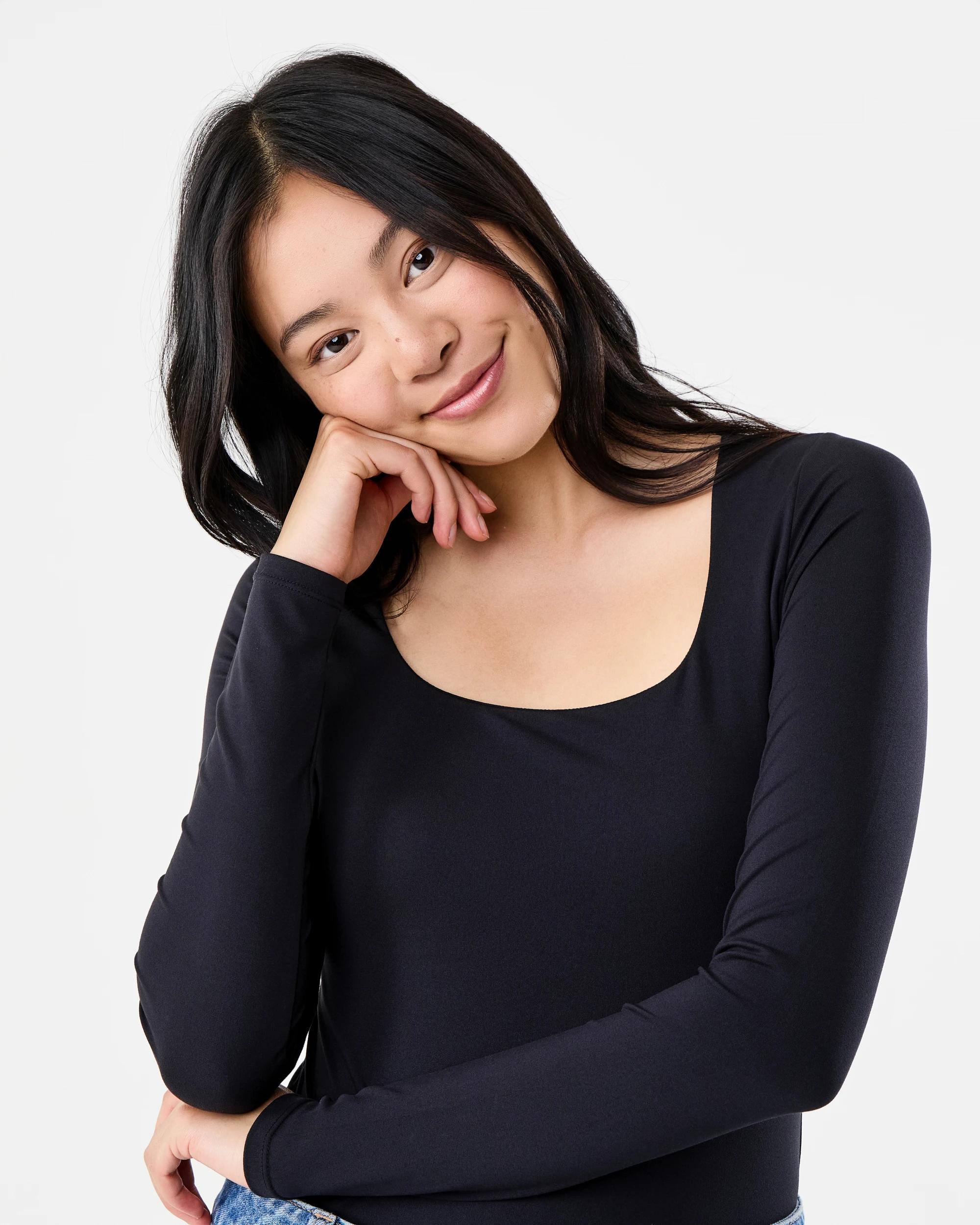 4 Long Sleeve Square Neck Bodysuit Black, 4 of 6