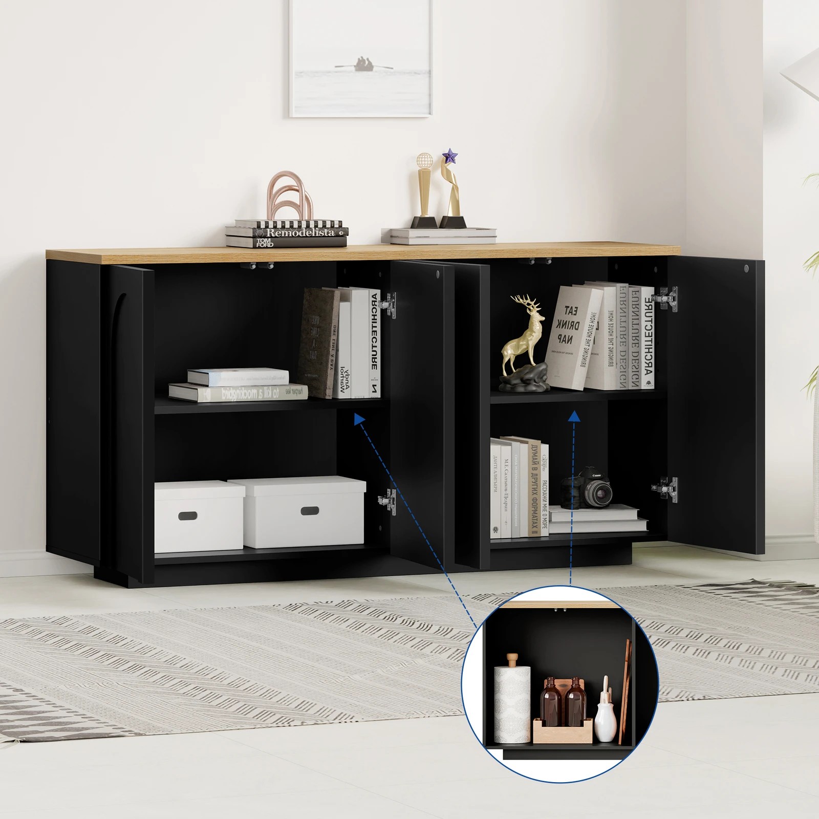3 Alfordson Buffet Sideboard Cupboard Storage Cabinet Kitchen Pantry Doors - Black, 3 of 10