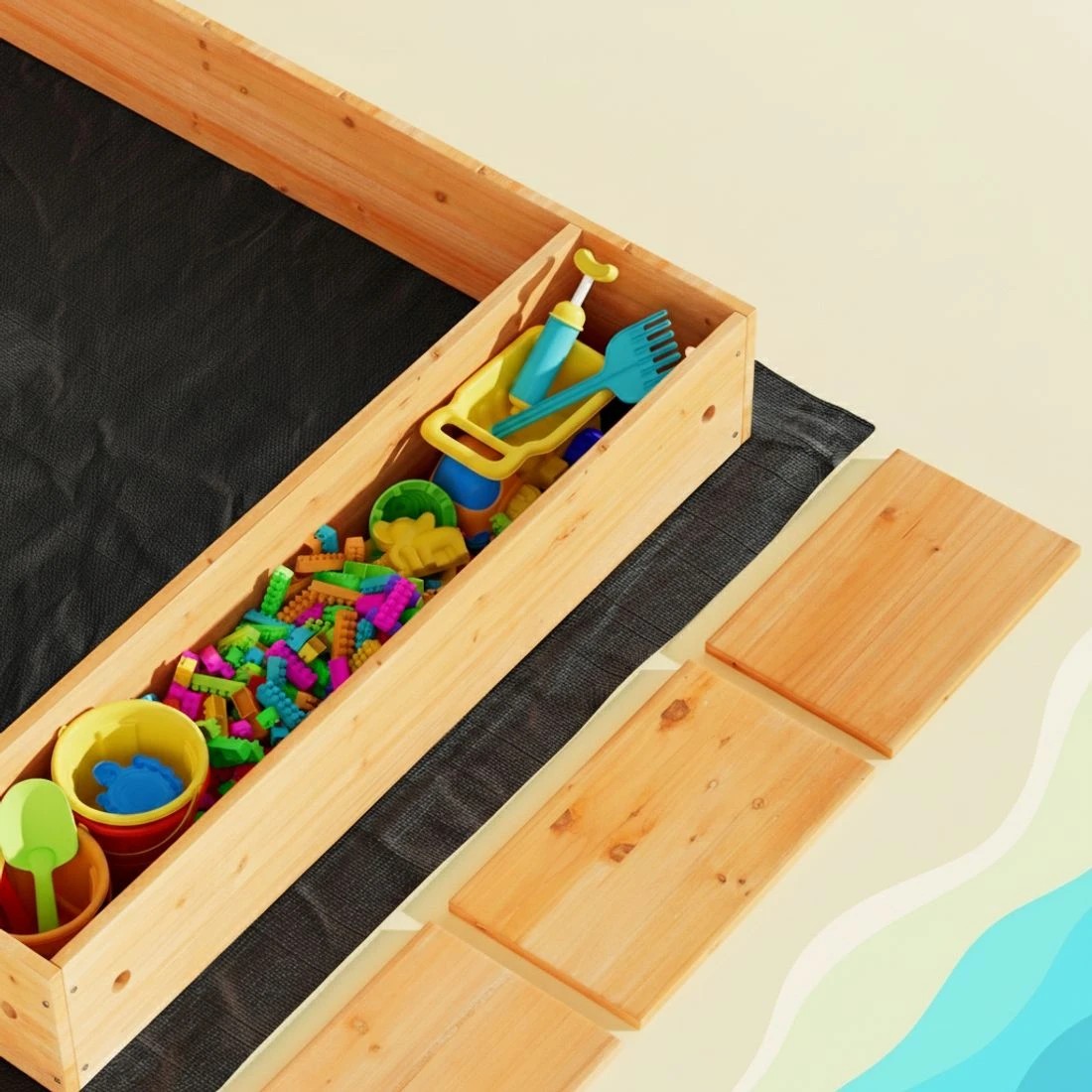 4 Keezi Kids Sandpit Wooden Sandbox Sand Pit with Cover Funnel Outdoor Toys 120cm - Natural, 4 of 4