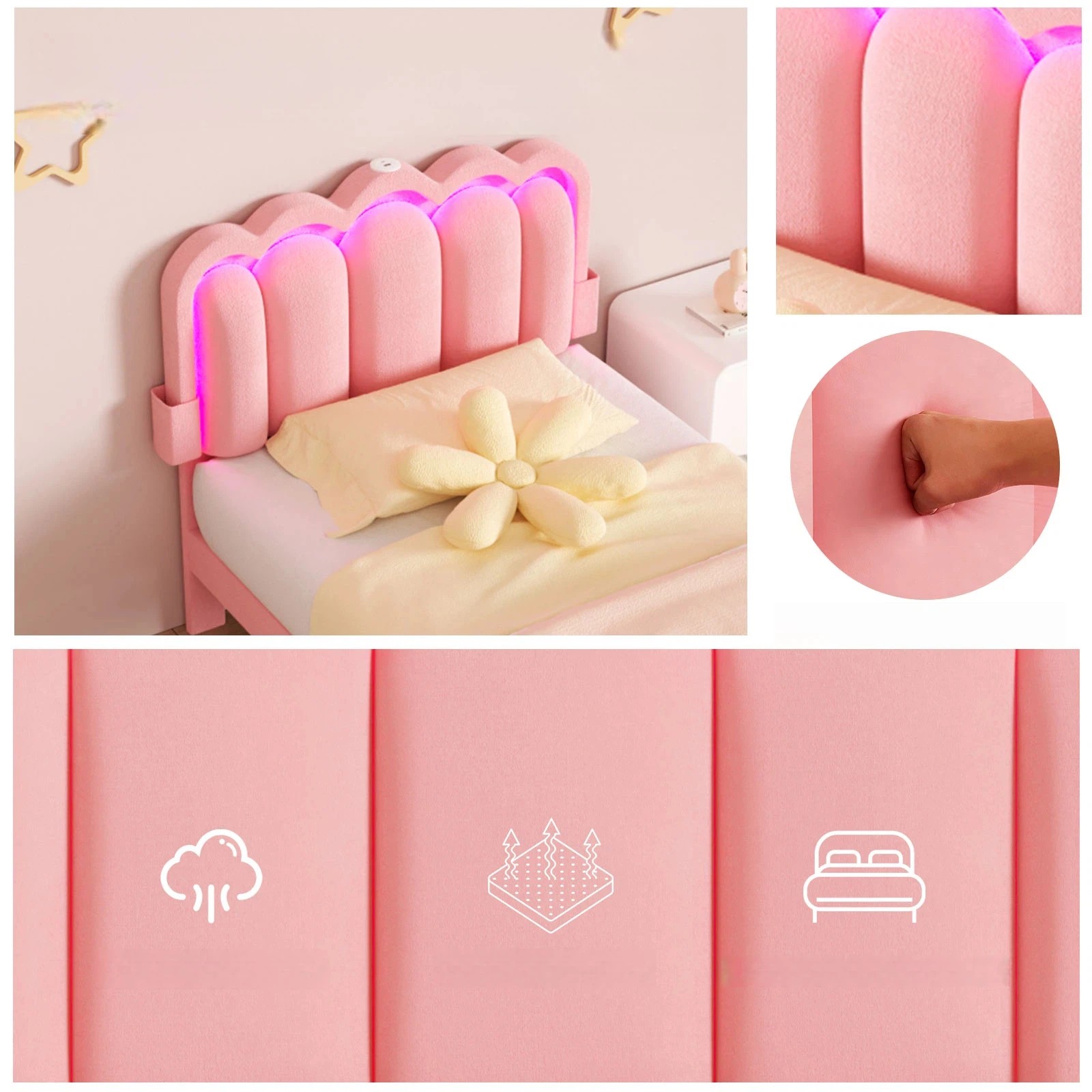 3 Advwin LED Bed Frame with Adjustable Headboard and Drawer USB Velvet King Single - Pink, 3 of 10