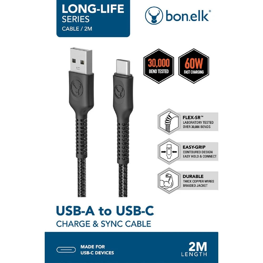 6 Bonelk Long-life Easy Grip USB-A to USB-C Cable 60W 2m Black, 6 of 6