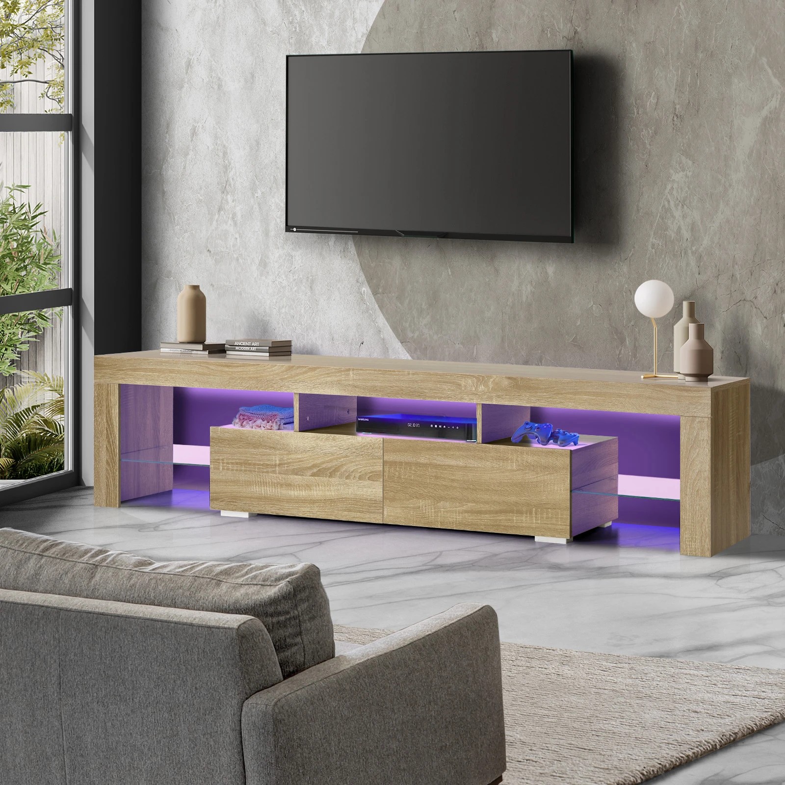 3 Oikiture Entertainment Unit 180cm TV Cabinet Stand Drawers LED RGB - Natural, 3 of 8