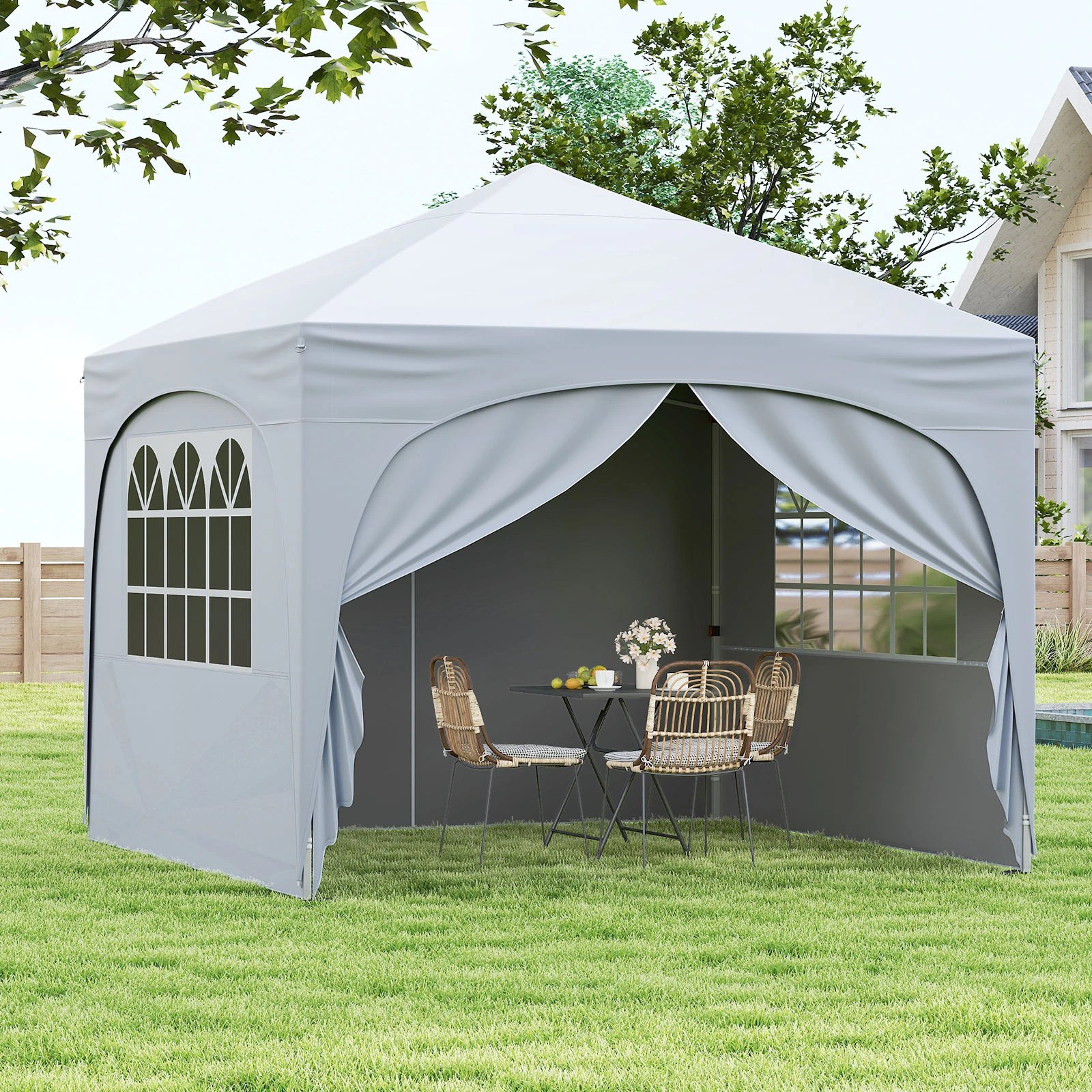 2 Costway 3x3m Pop up Canopy Tent w/4 Removable Sidewall Portable Sun Shelter Gazebo - White, 2 of 4