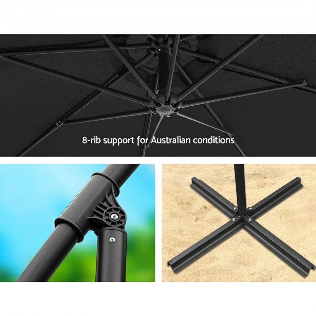 4 Instahut 3m Outdoor Umbrella w/Base Cantilever Beach Garden Patio - Black, 4 of 8