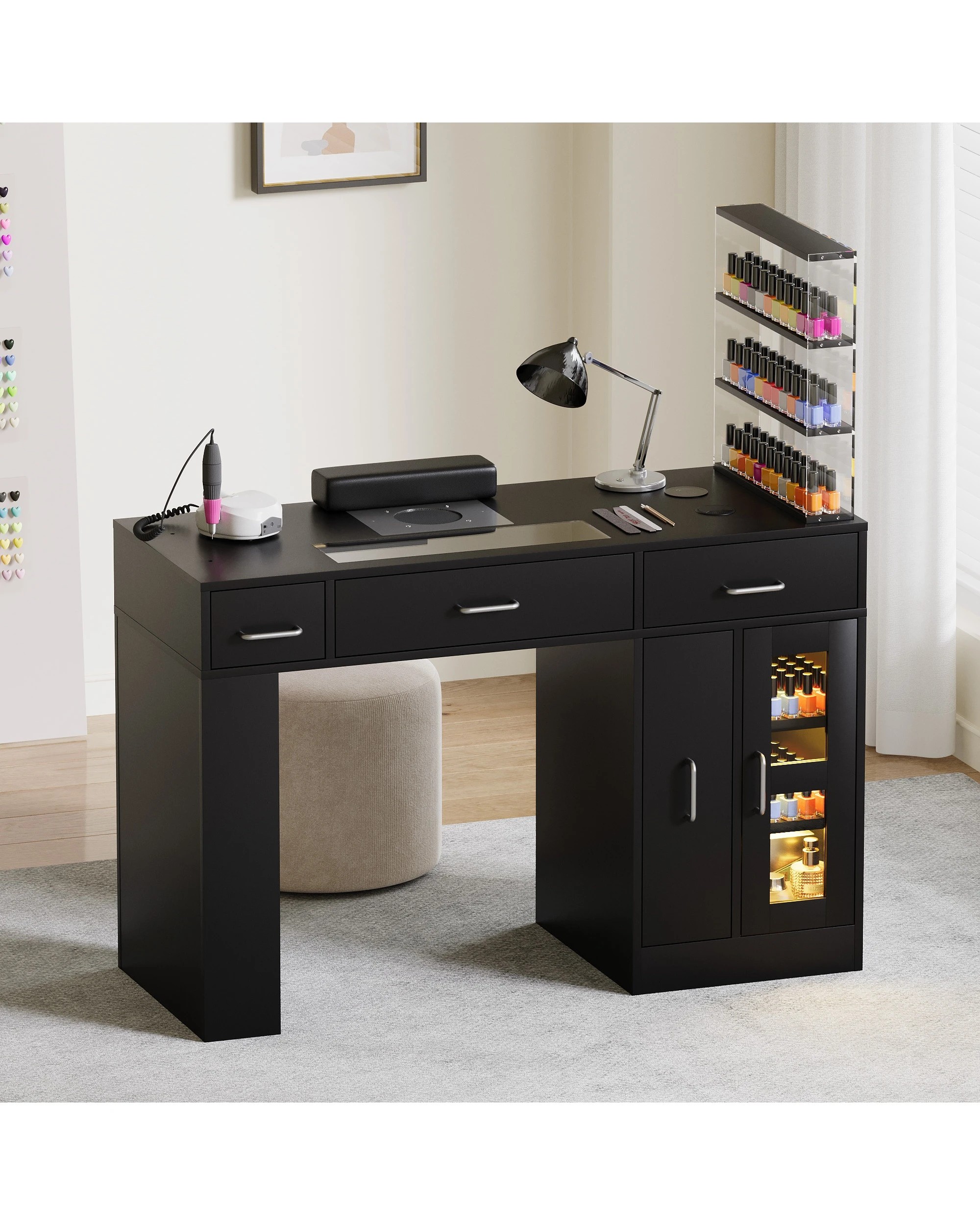 3 Advwin Vanity Nail Desk Manicure Table w/Glass Top Drawer Dust Collector Wireless Charging LED Light - Black, 3 of 10