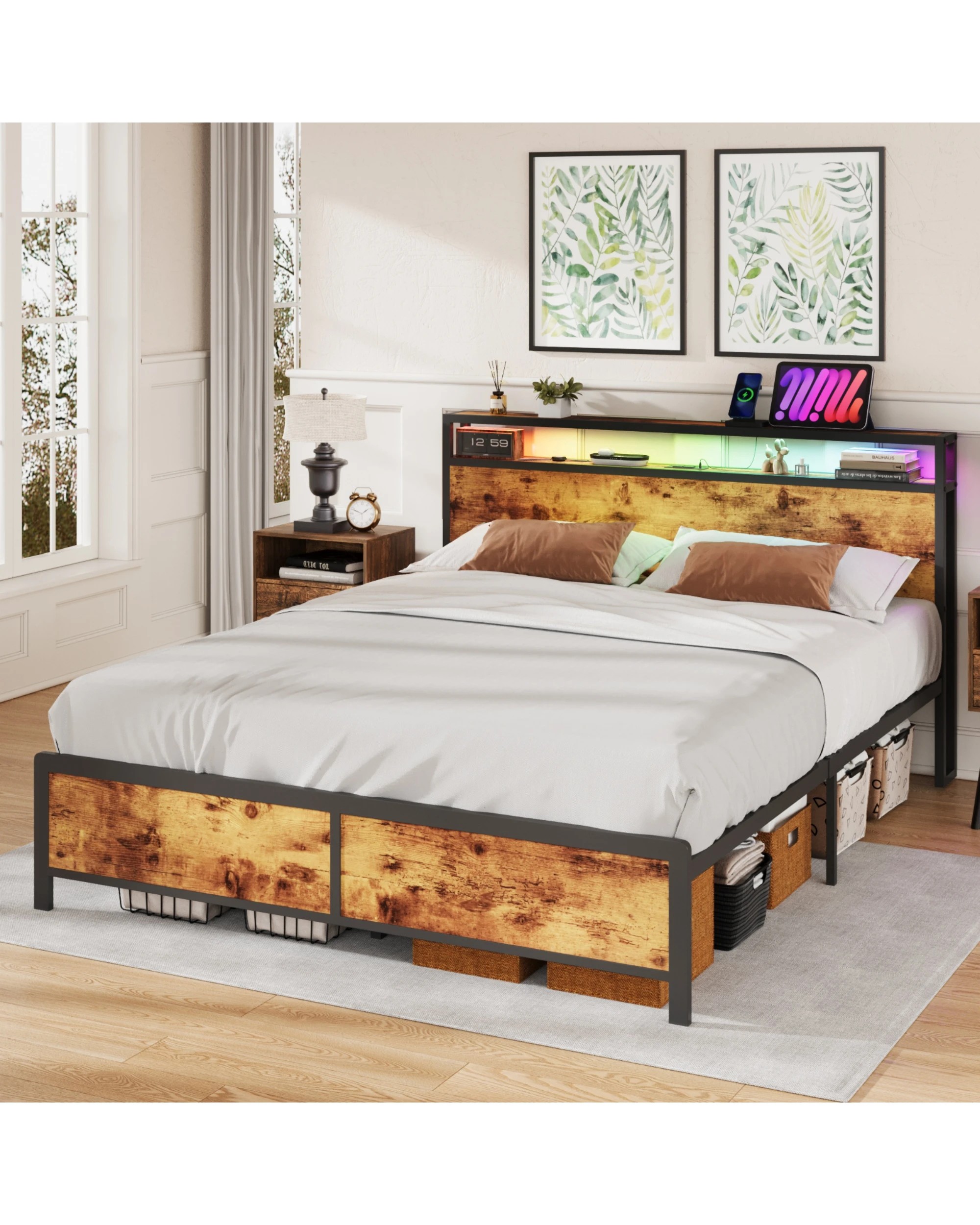 2 Advwin Double Bed Frame With Charging Station & Rgb Led Lights Storage Headboard, 2 of 9