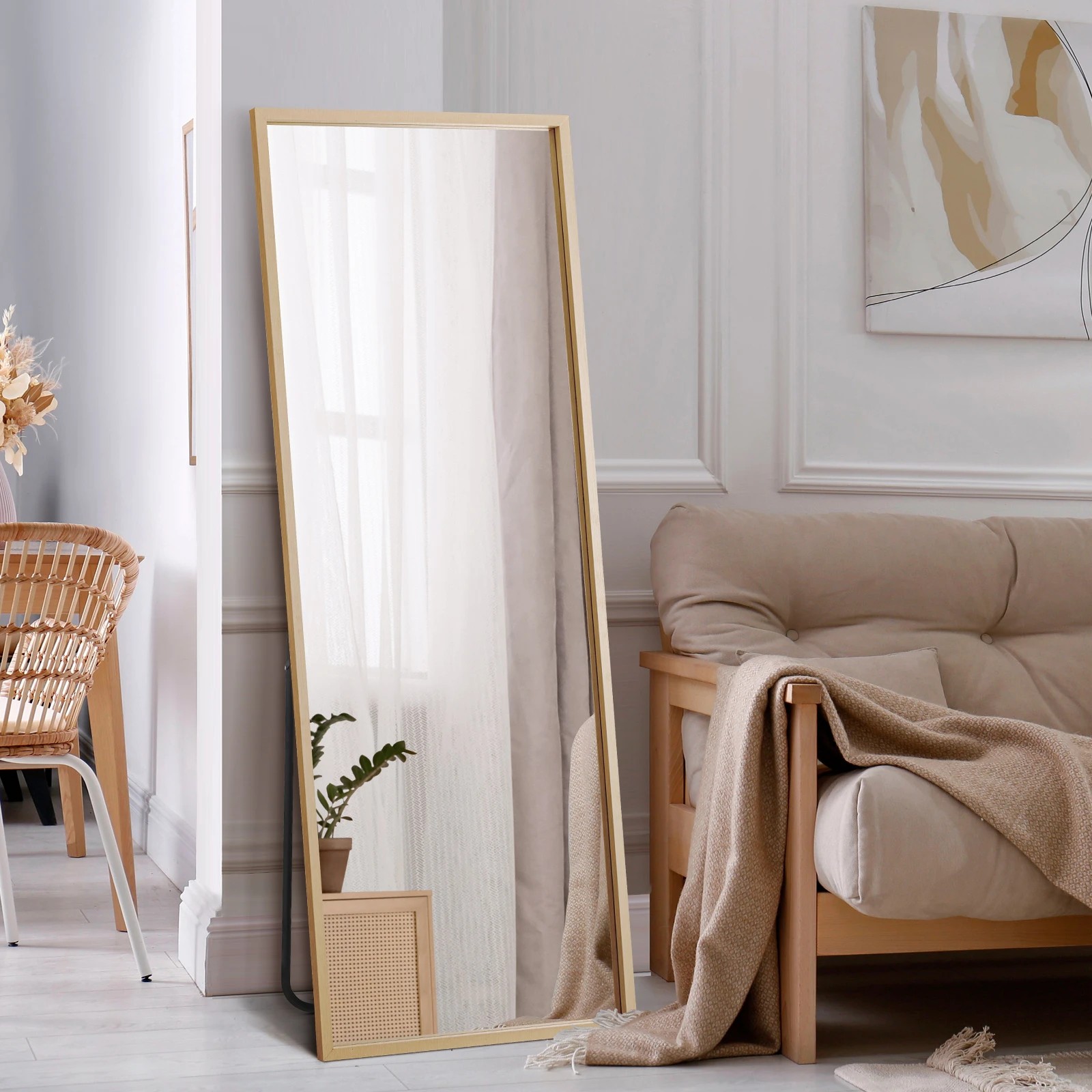 2 Oikiture Wood 166x60cm Full Length Mirror Rectangle Floor Mirrors Free Standing
 - Natural, 2 of 9