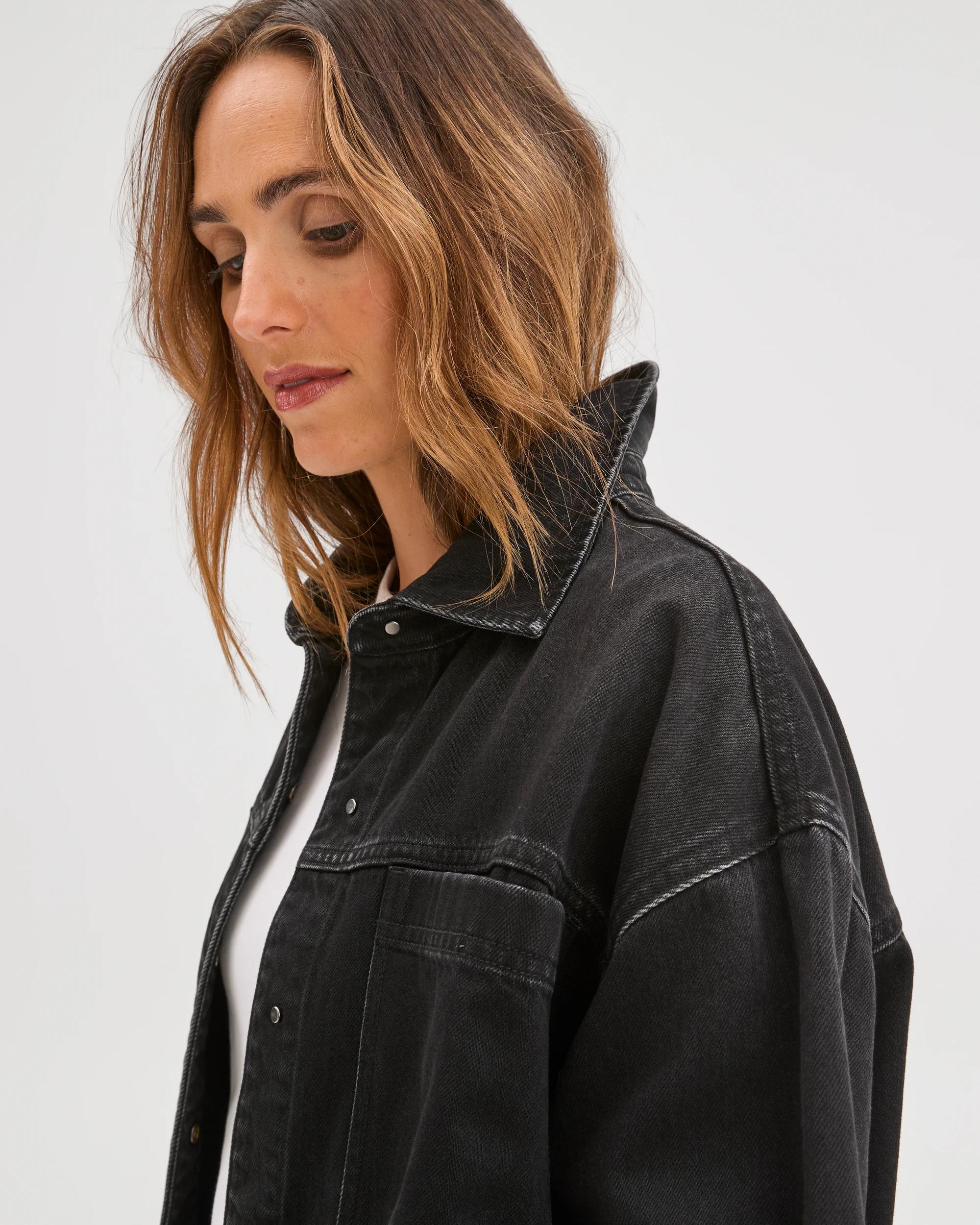 5 Target Denim Long Sleeve Denim Shacket WORN BLACK, 5 of 7