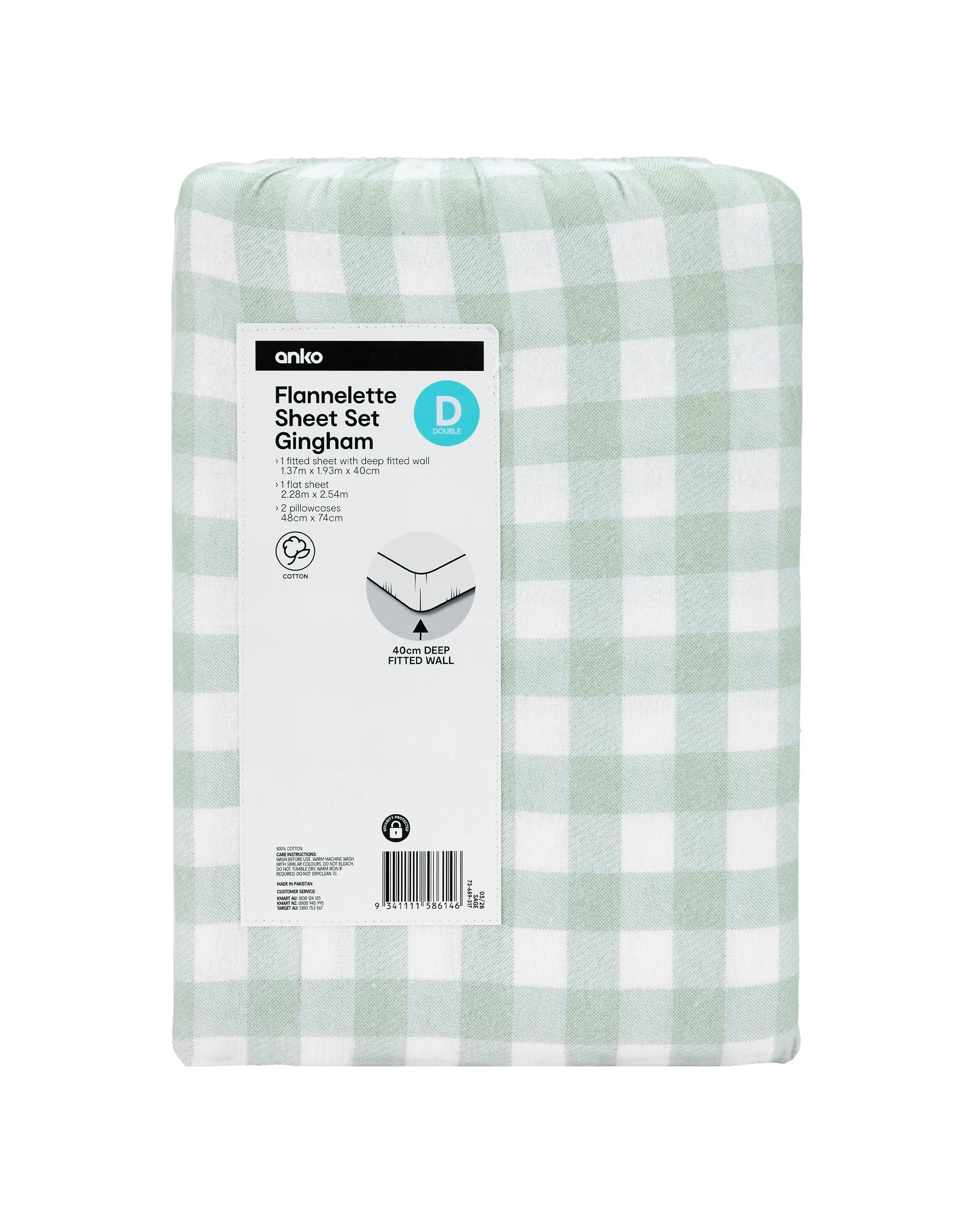 7 Gingham Cotton Flannelette Sheet Set - Double Bed, Sage, 7 of 7