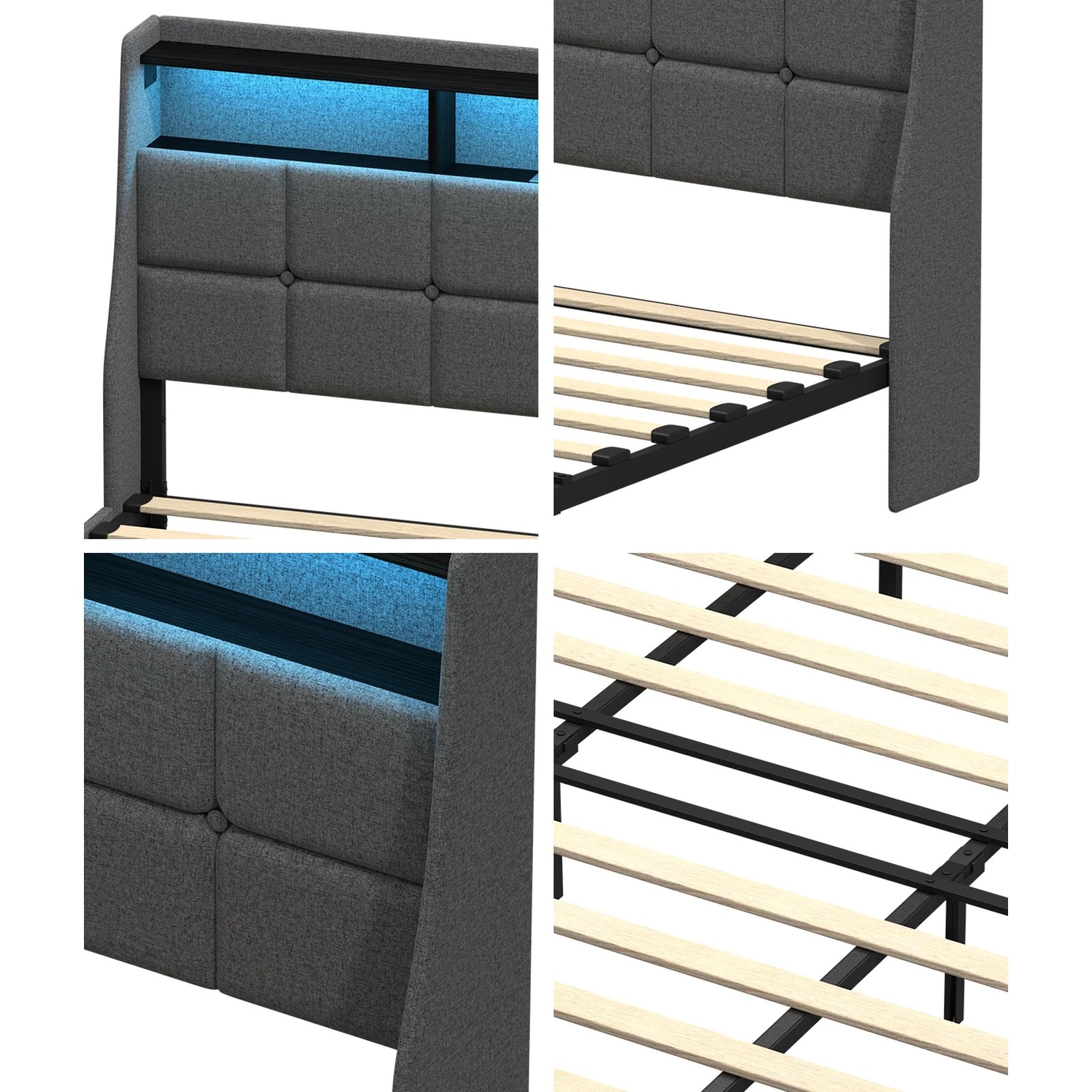 5 Oikiture King Size Bed Frame with LED Lights and Storage Headboard & 4 Drawers- Grey, 5 of 7