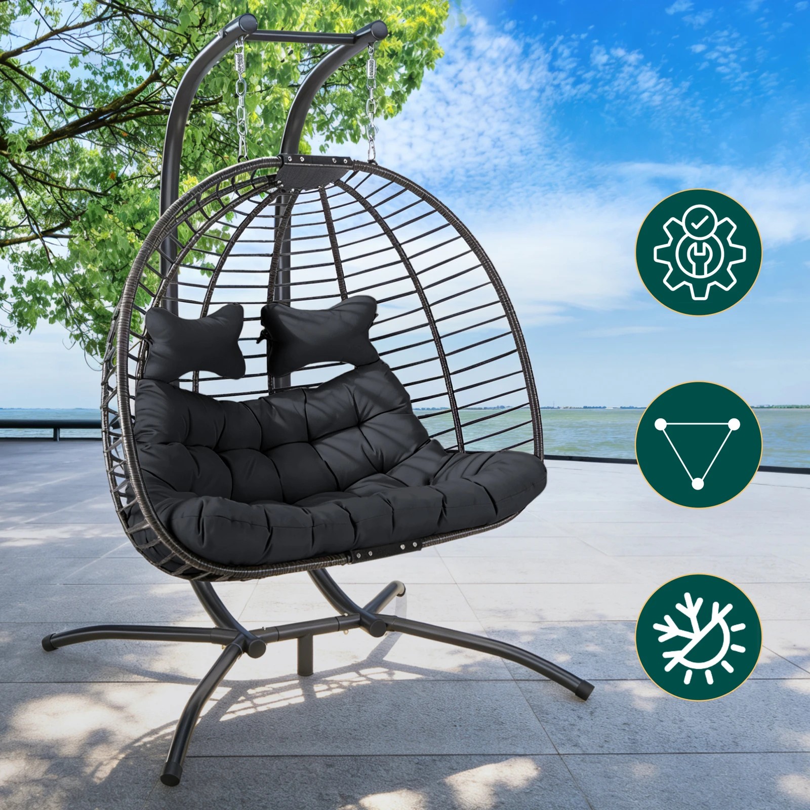 3 Alfordson Outdoor Egg Swing Chair 2 Seater Wicker Rattan Pod Hanging - Grey, 3 of 10