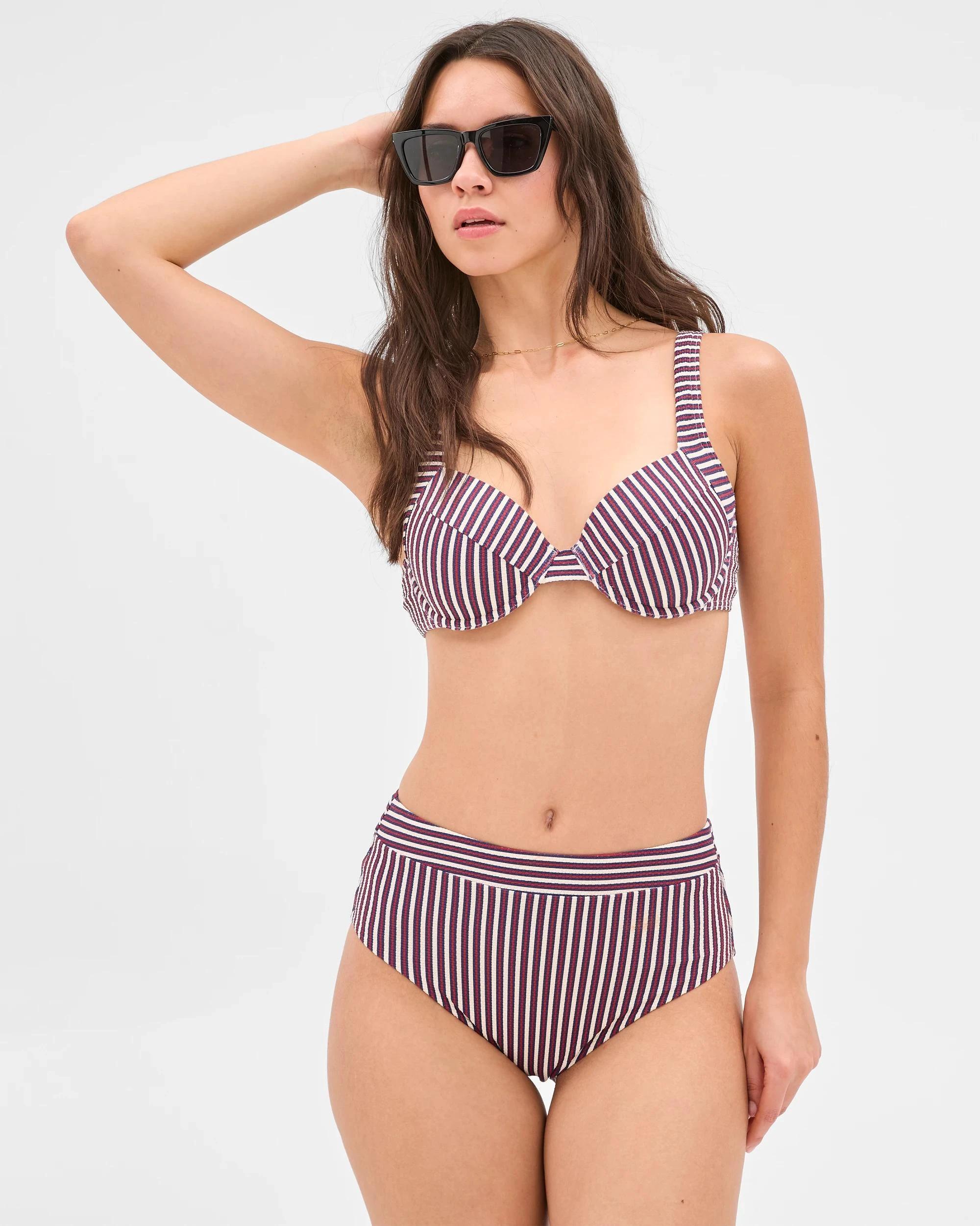 6 Target Resort High Waisted Honeycomb Bikini Bottoms - Shape Your Body NAVY/RED STRIPE, 6 of 10