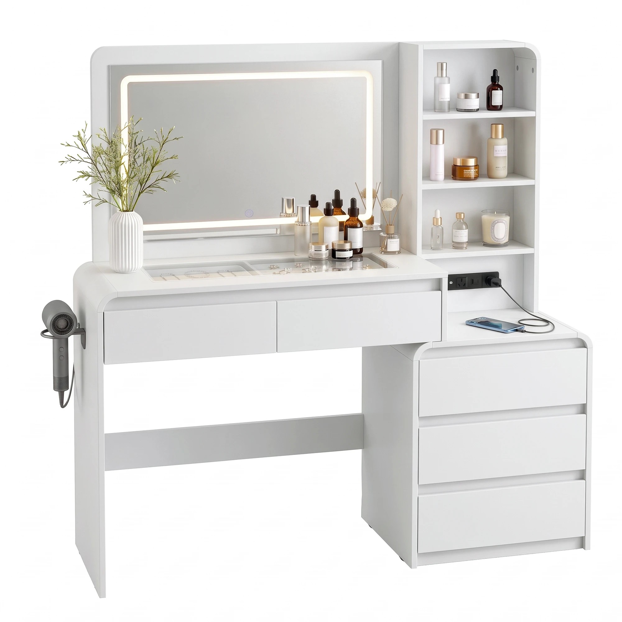 1 Artiss Dressing Table Makeup Vanity Desk LED Mirror Drawers Charging Station Curved Edge- White, 1 of 10