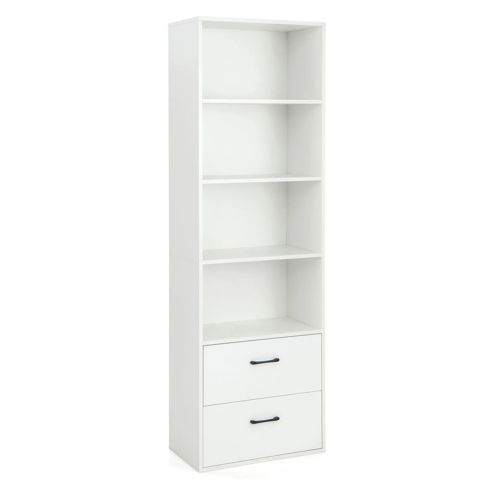 1 Costway Tall BookShelf Bookcase 4-Tier Display Cabinet Modern Storage Shelf w/2 Drawer - White, 1 of 4