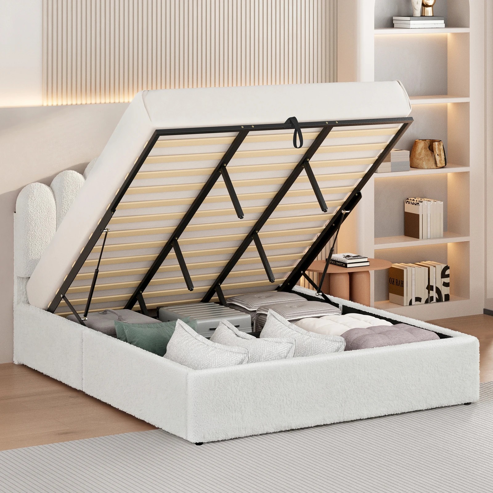 4 Alfordson Bed Frame King Size Gas Lift Storage Base Wooden Boucle Mutis - White, 4 of 10