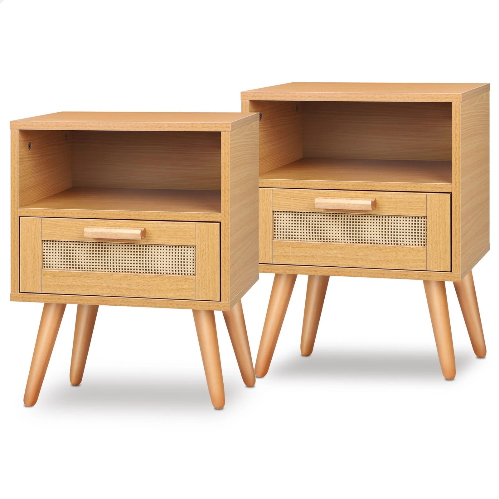1 Alfordson 2x Bedside Table Nightstand Side Storage Cabinet Scandinavian Rattan - Oak, 1 of 8