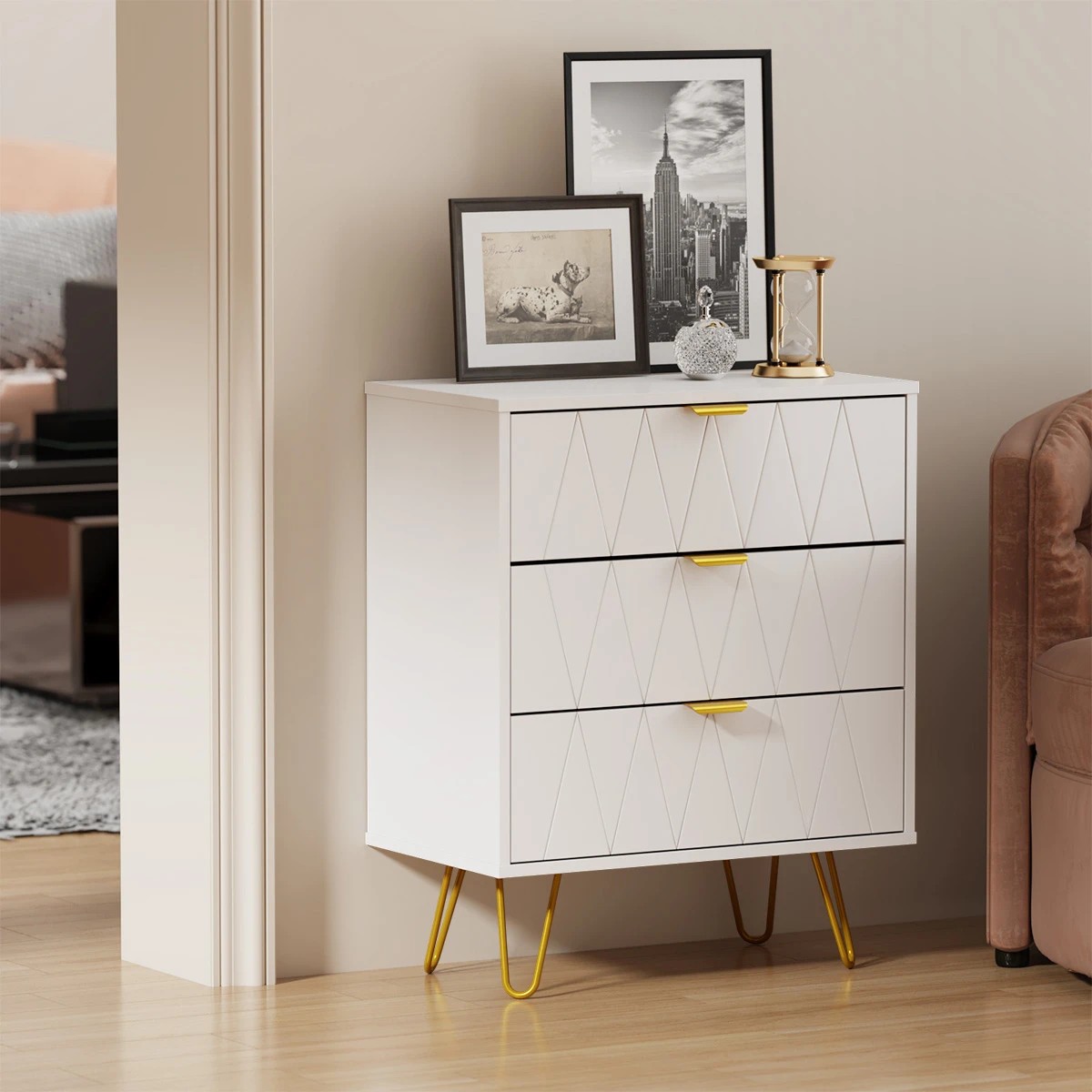 4 Oikiture 3 Chest of Drawers Gold Handles Dresser Lowboy Storage Cabinet - White, 4 of 9