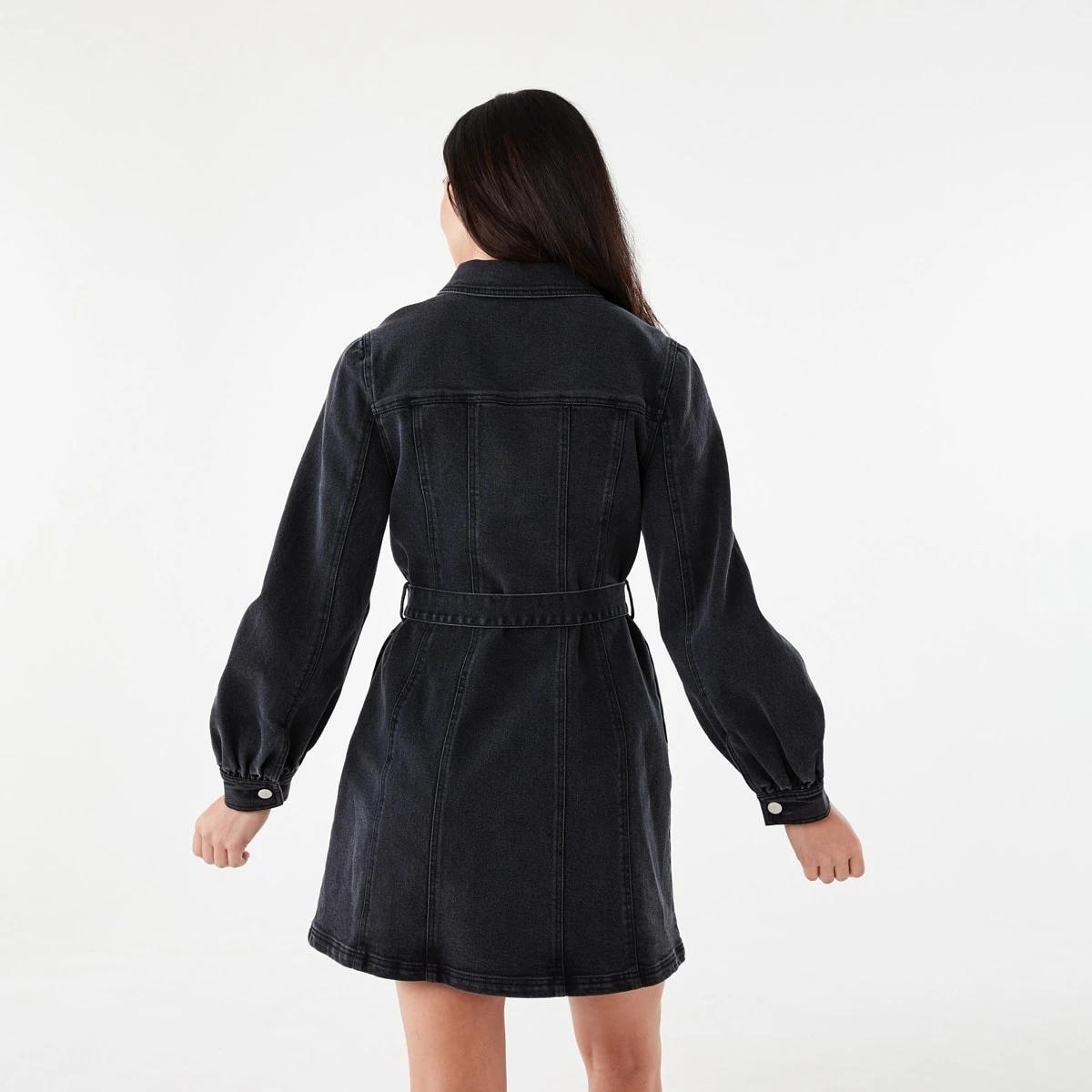 3 Long Sleeve Belted Denim Mini Dress Black Wash, 3 of 9